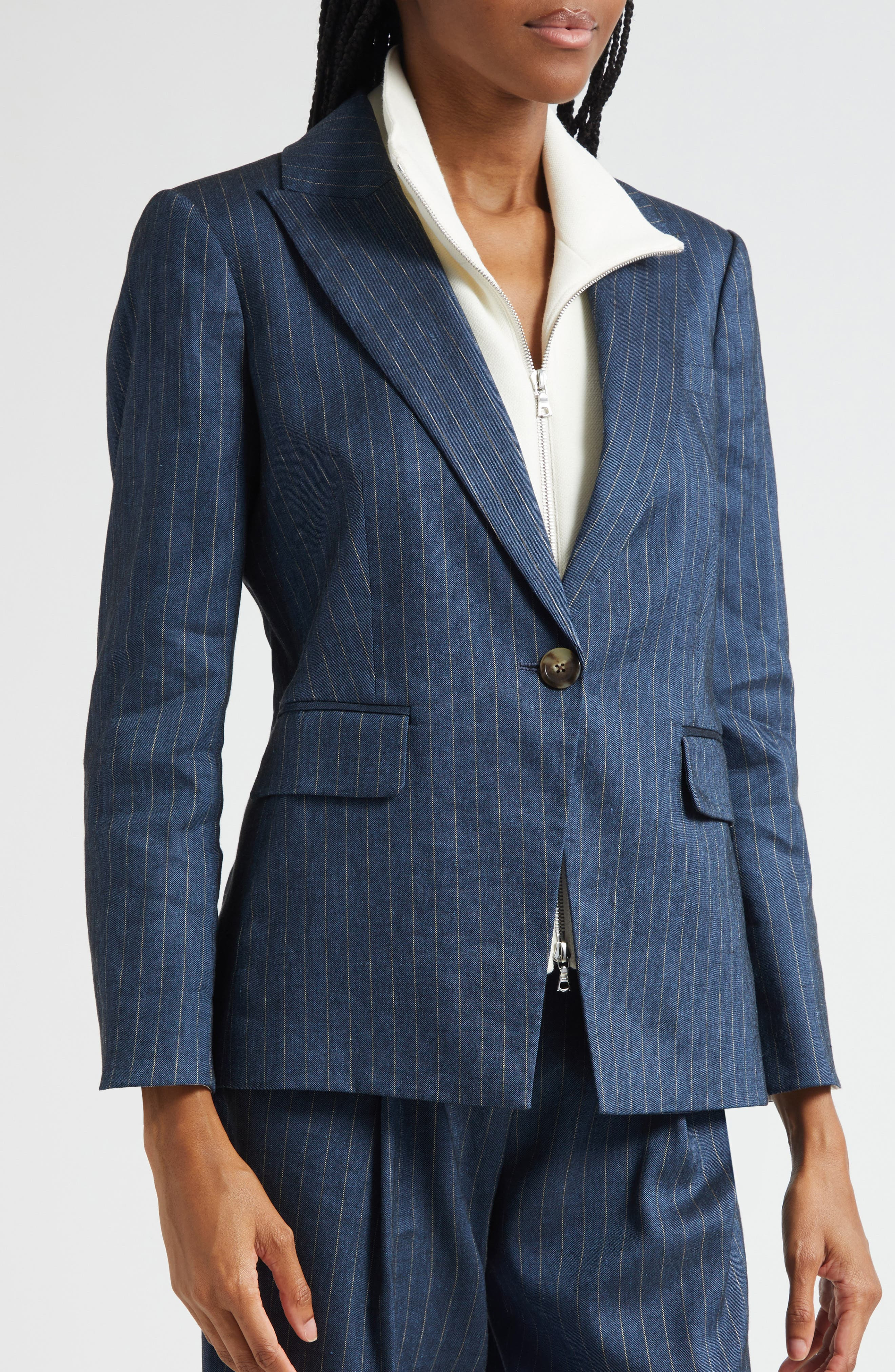 Veronica Beard Obie Pinstripe Linen Blend Dickey Jacket in Blue Dove at Nordstrom - 4