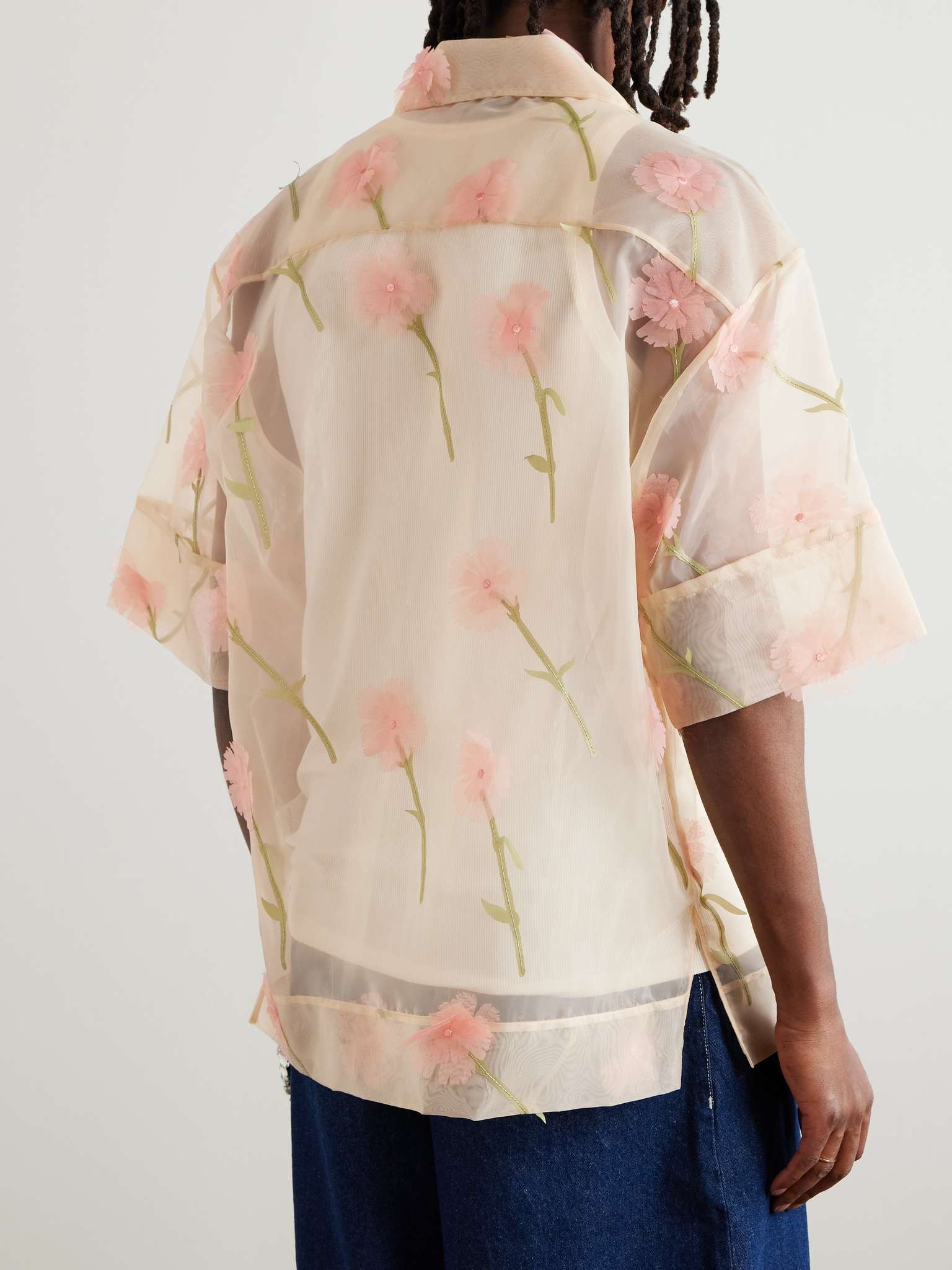 Carnation Convertible-Collar Appliquéd Embroidered Organza Shirt - 3