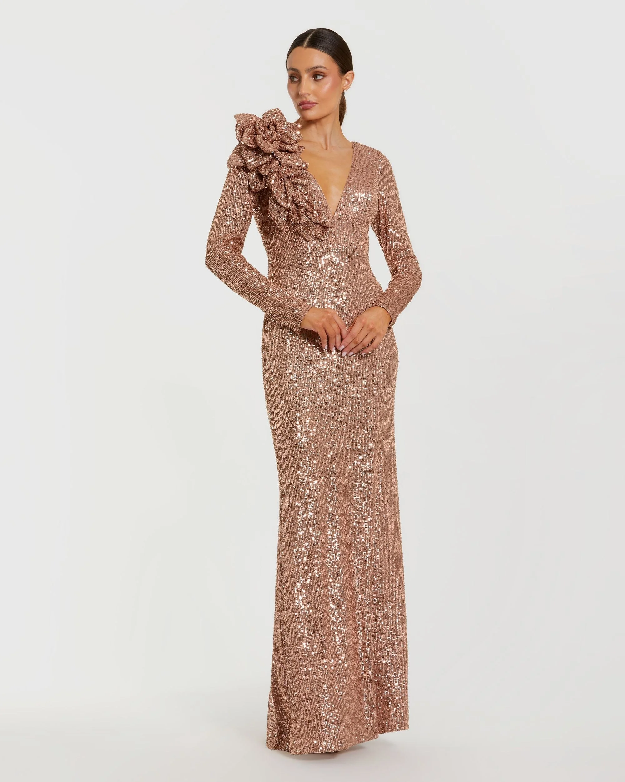 Light Pink Long Sleeve V Neck Sequin Gown With 3D Flower - 1