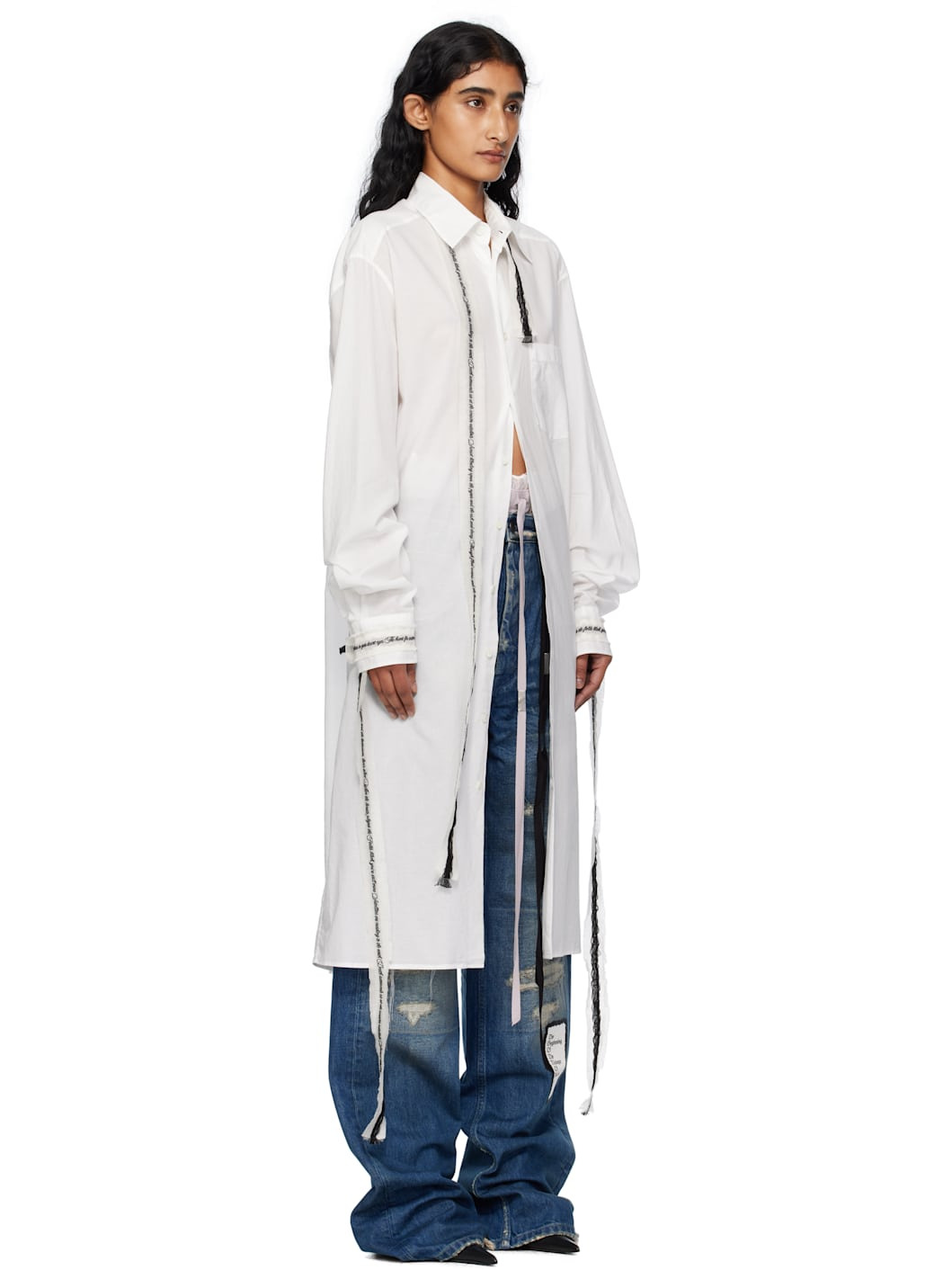White Gabi Long Draped Ribbons Shirt - 2