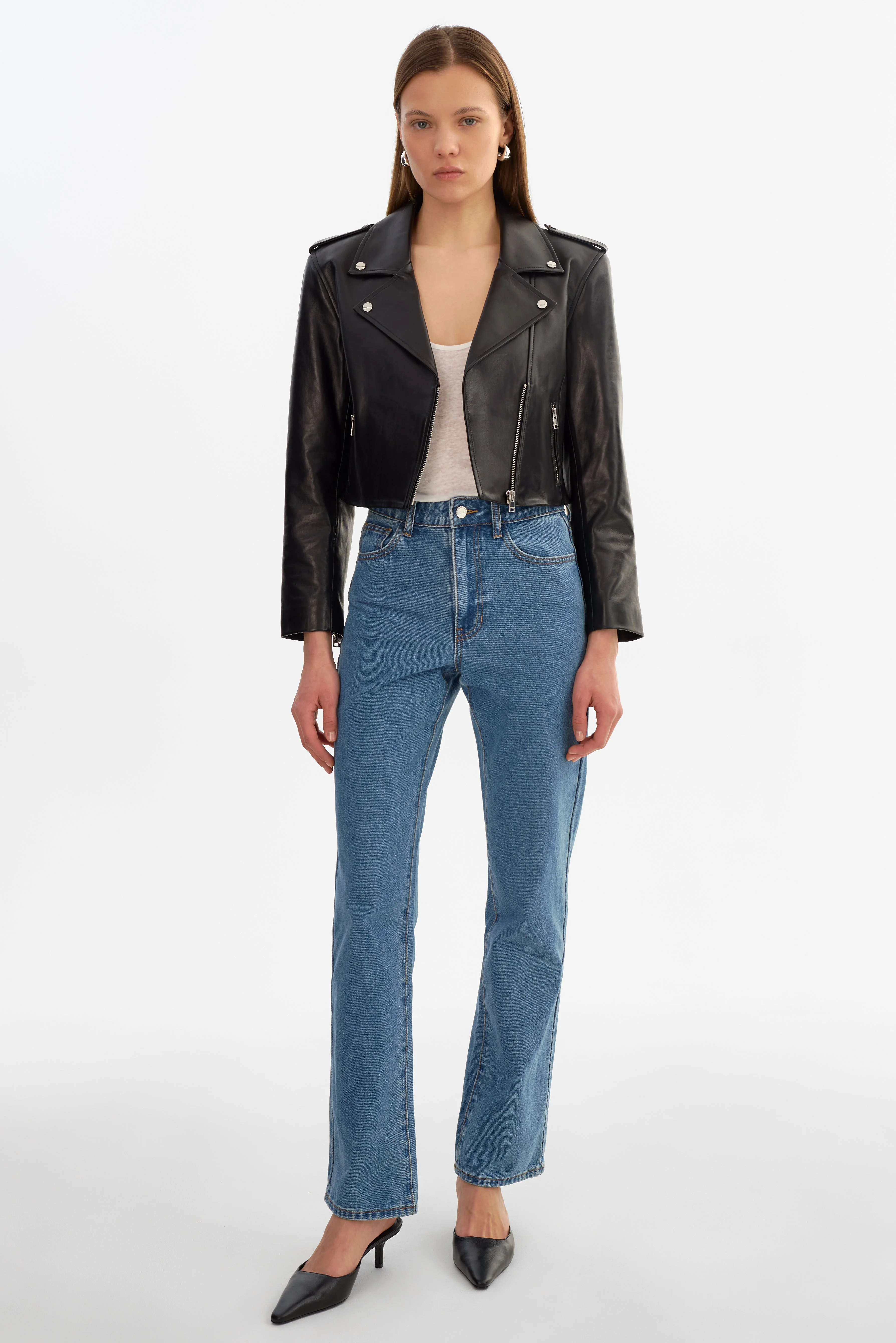 DENALDA | Cropped Leather Biker Jacket - 1