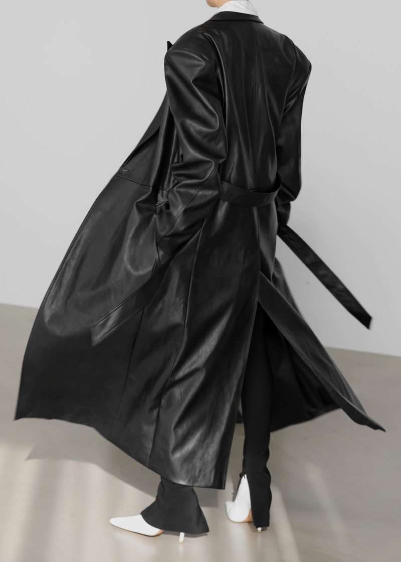 Connie Faux Leather Belted Trench Coat - Black 11
