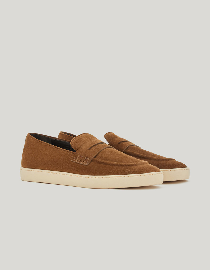 BURNT BROWN SUEDE PENNY LOAFERS WITH GUNMETAL RIVET 1