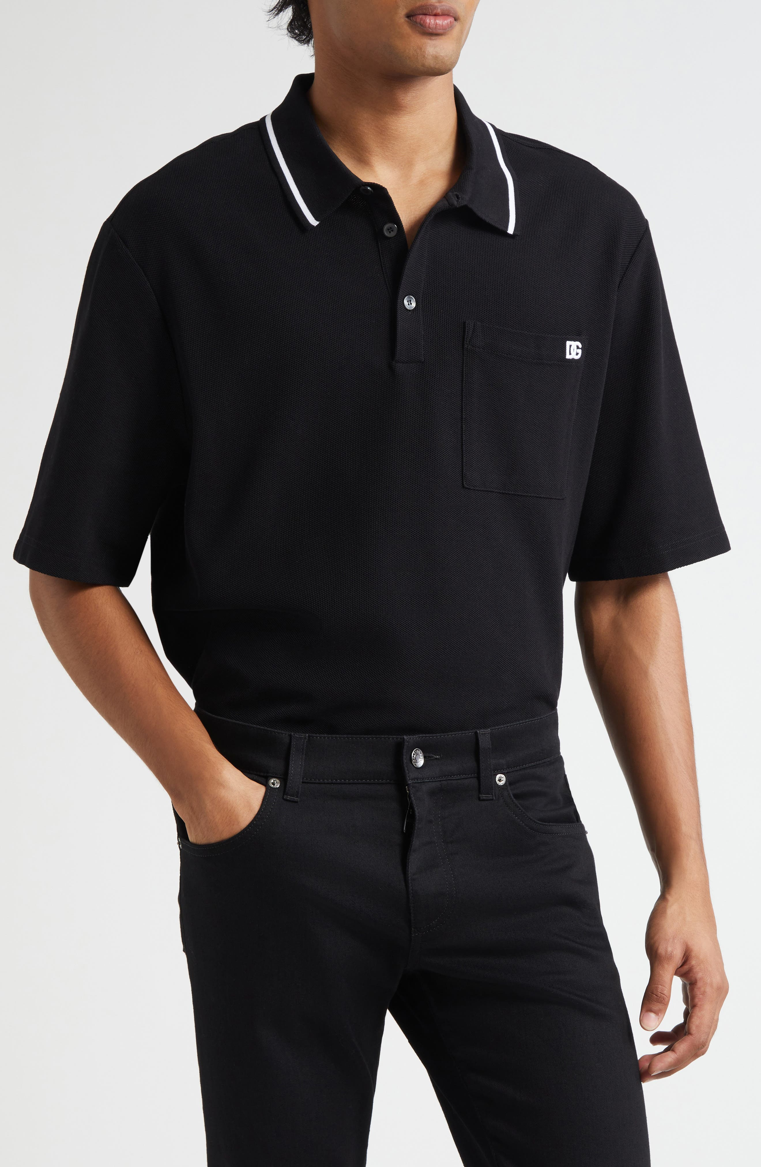 Dolce&Gabbana Logo Embroidered Cotton Piqué Polo in N0000 Nero at Nordstrom - 1