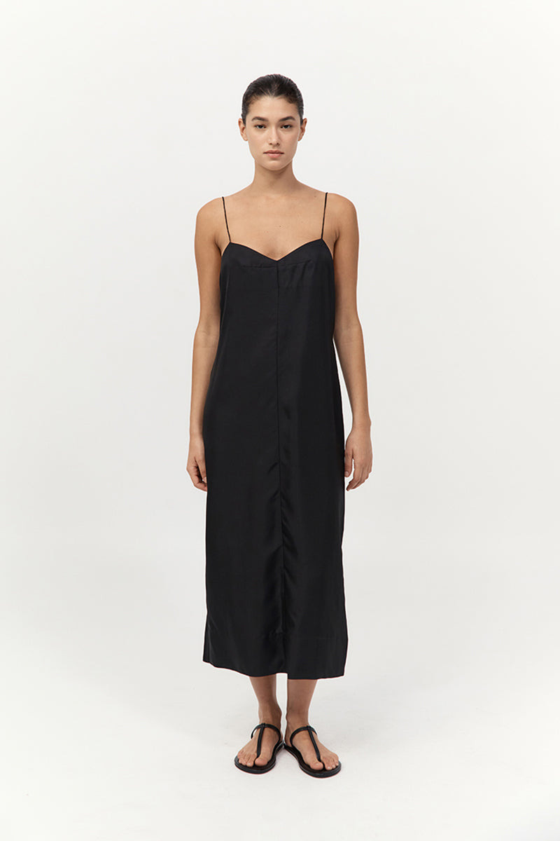 Silk Twill Slip Dress - Black - 2