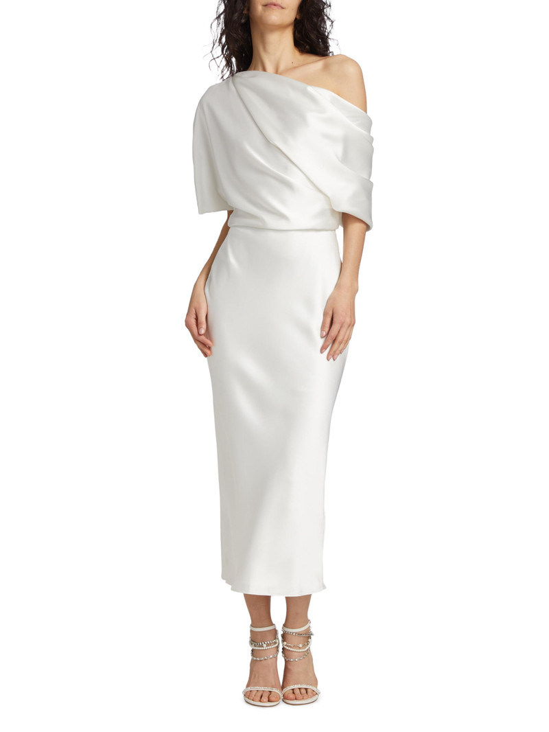 Women's Draped Satin Pencil Midi-Dress - Ivory 3