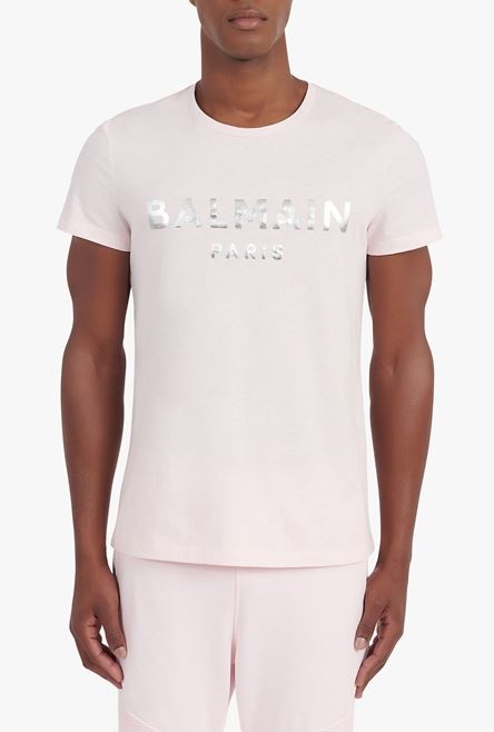 Pale pink eco-designed cotton T-shirt with silver Balmain Paris logo print - 5