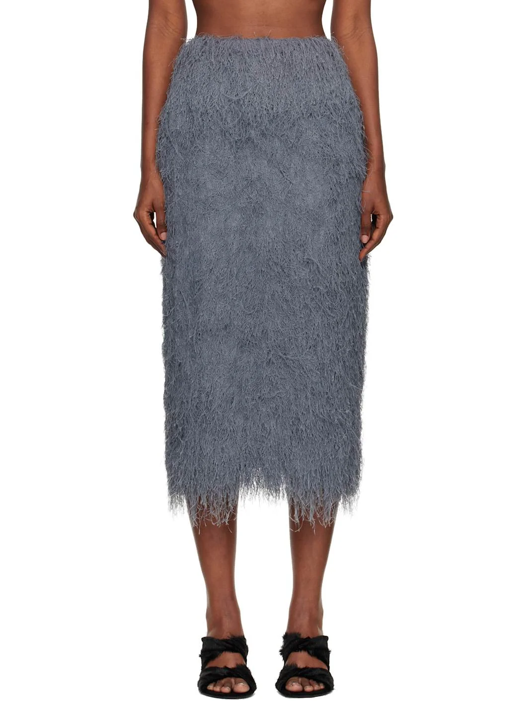 Gray Fringed Midi Skirt - 1