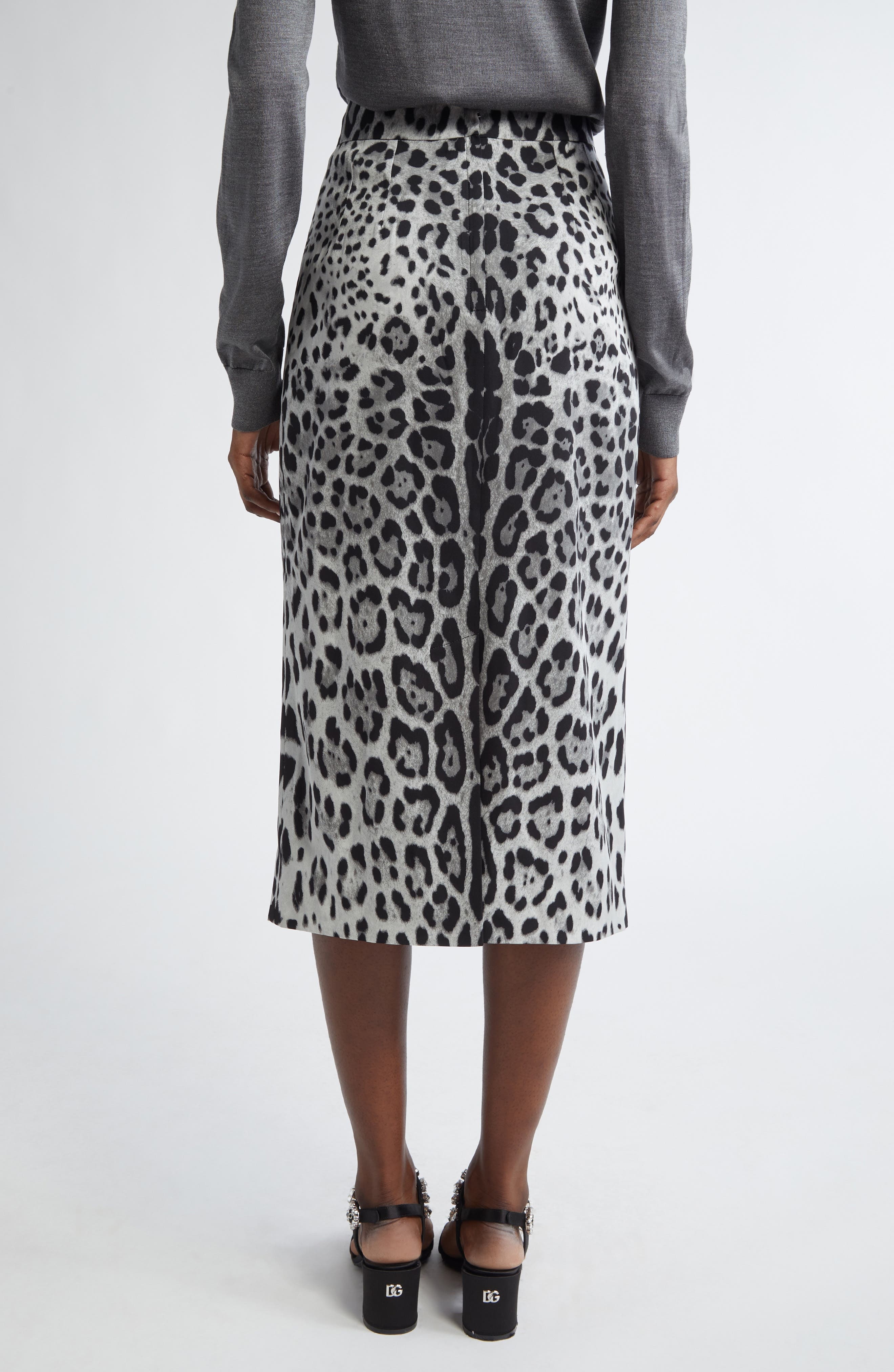 Dolce&Gabbana Leopard Print Stretch Silk Midi Skirt in Hi13N Leo Nero Fdo Grigio at Nordstrom - 3