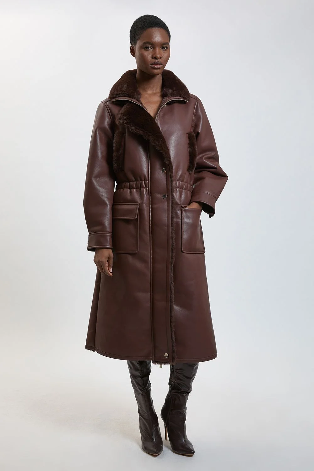Padded Faux Leather & Faux Fur Midi Coat - 1