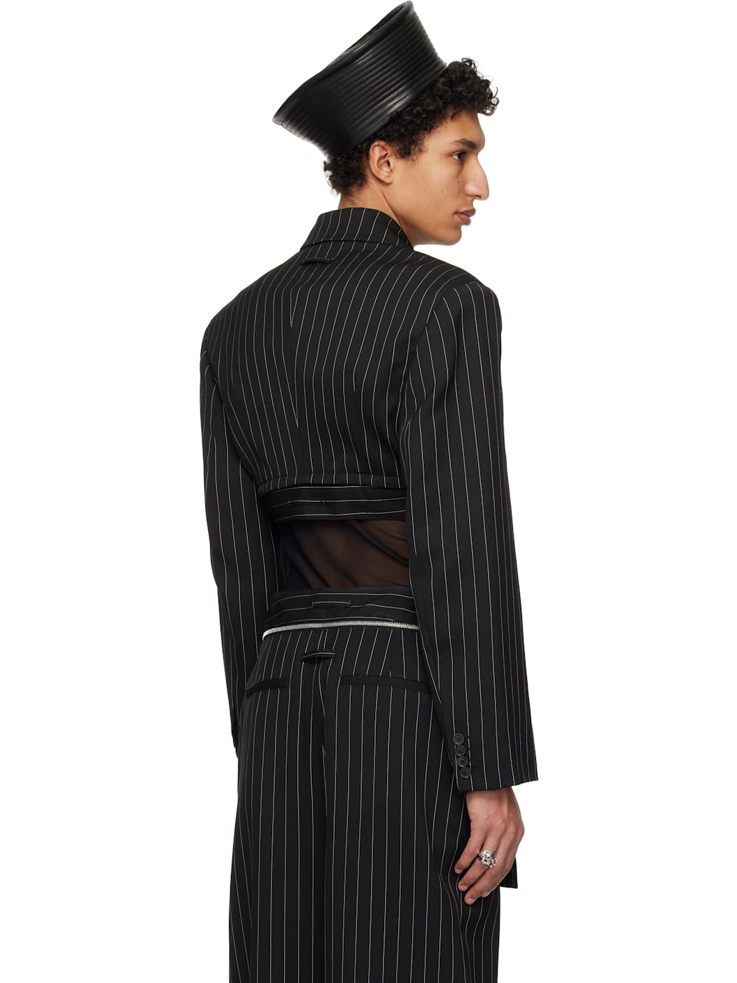 Black Pinstripe Wool Cropped Tailored Blazer - 3
