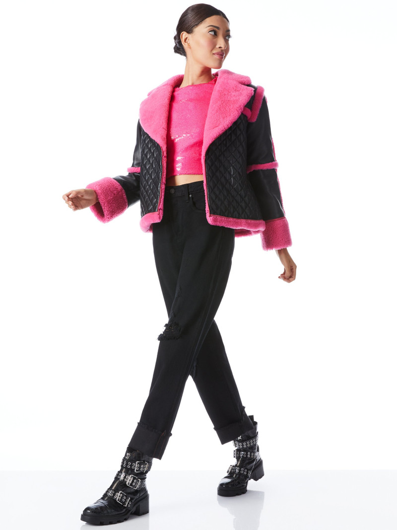 Alice + Olivia LUISANA COMBINATION LEATHER SHEARLING COAT outlook