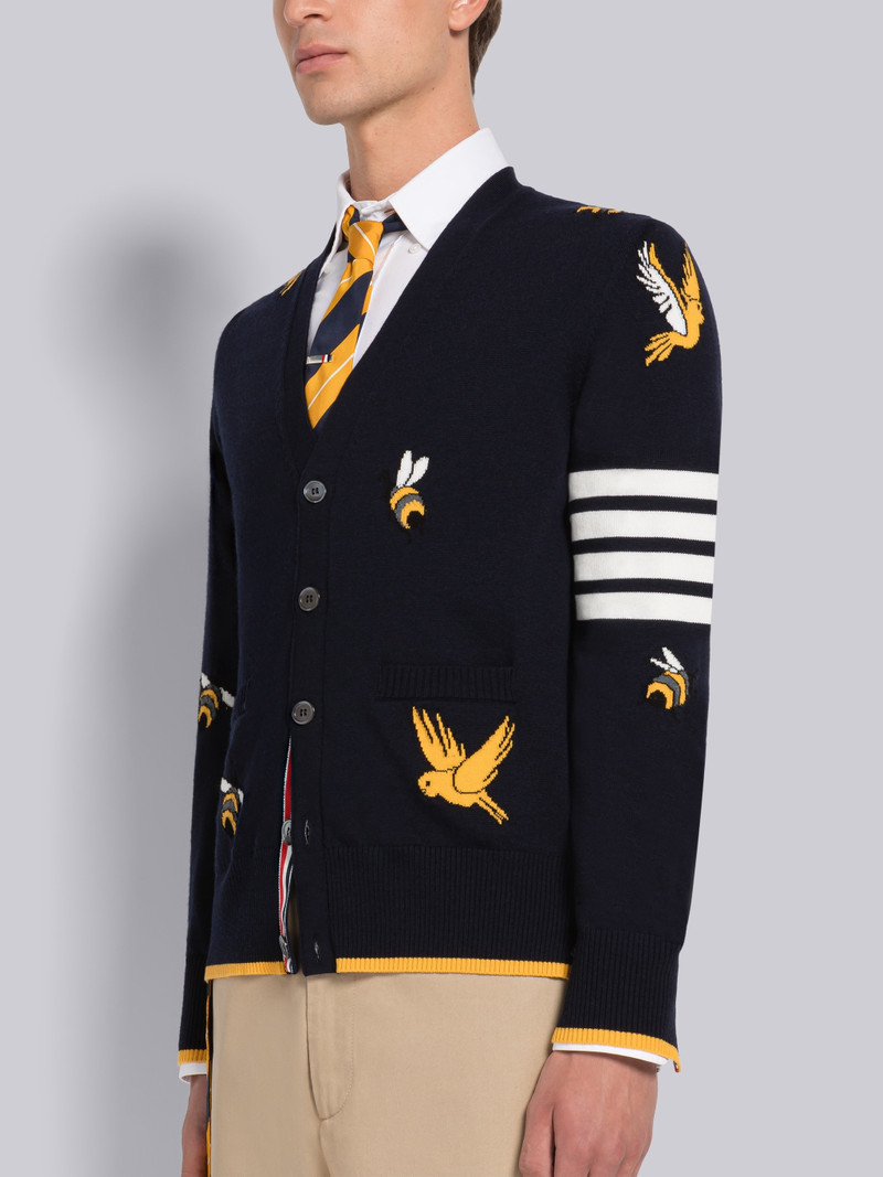 Thom Browne COTTON MERINO BIRDS AND BEES INTARSIA 4-BAR V-NECK CARDIGAN outlook
