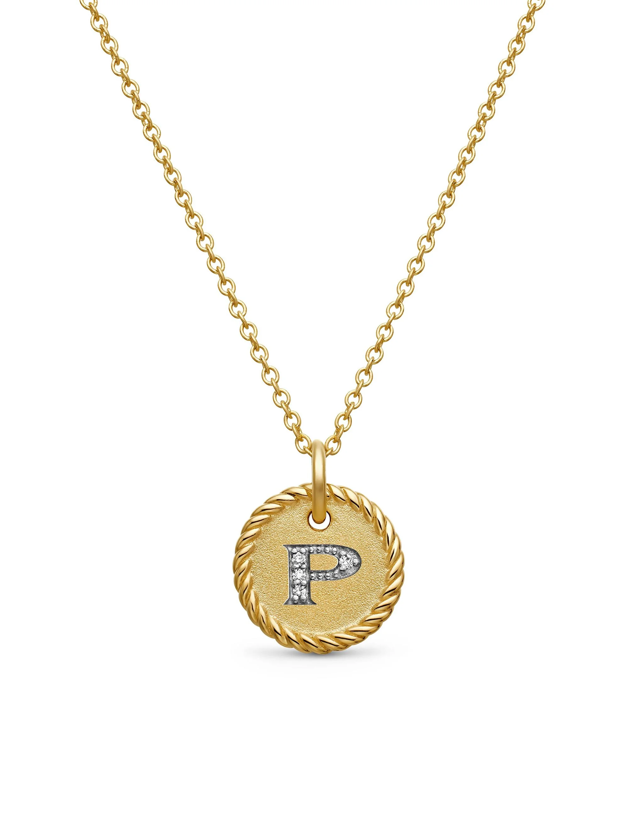 Women's Initial Charm Necklace in 18K Yellow Gold with Pavé Diamonds - Initial P - 1