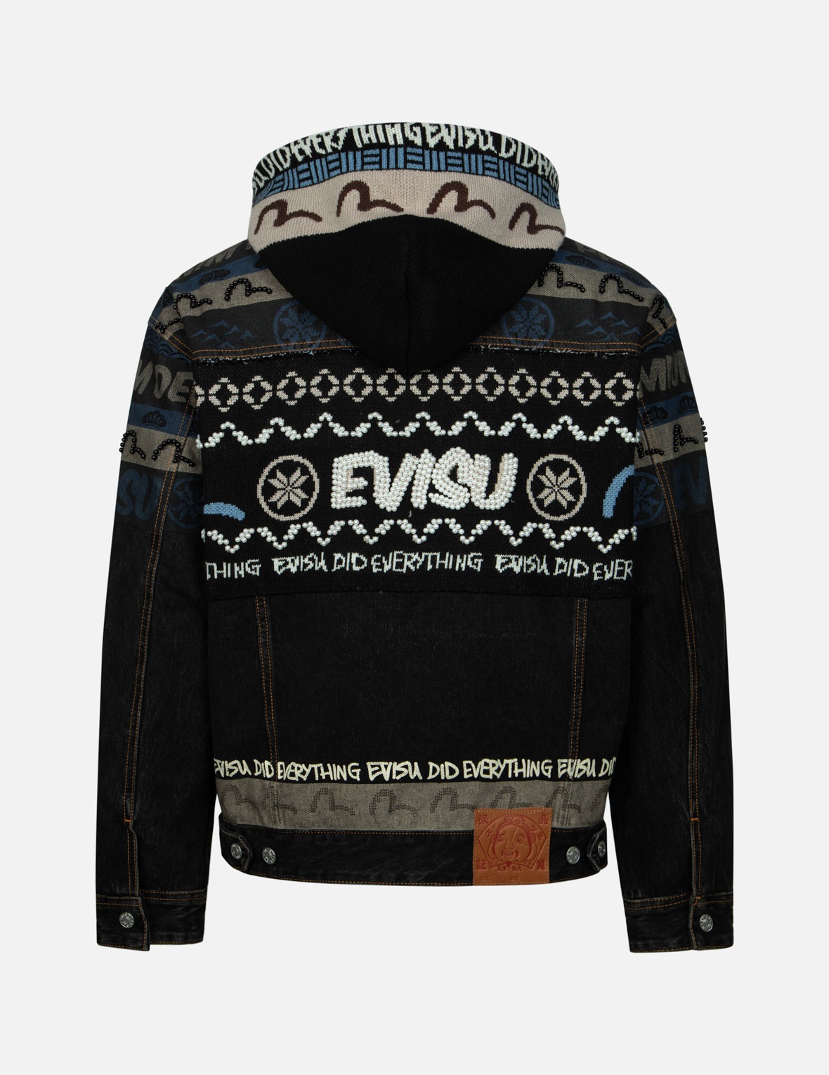 FAIR ISLE PATTERN WITH PERAL STUD KNITTED PANEL LOOSE FIT HOODED DENIM JACKET - 5