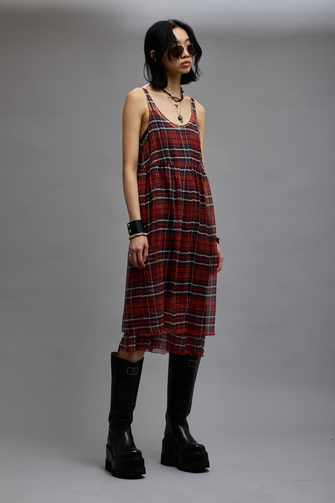 GATHERED TANK DRESS - RED PLAID CHIFFON - 1