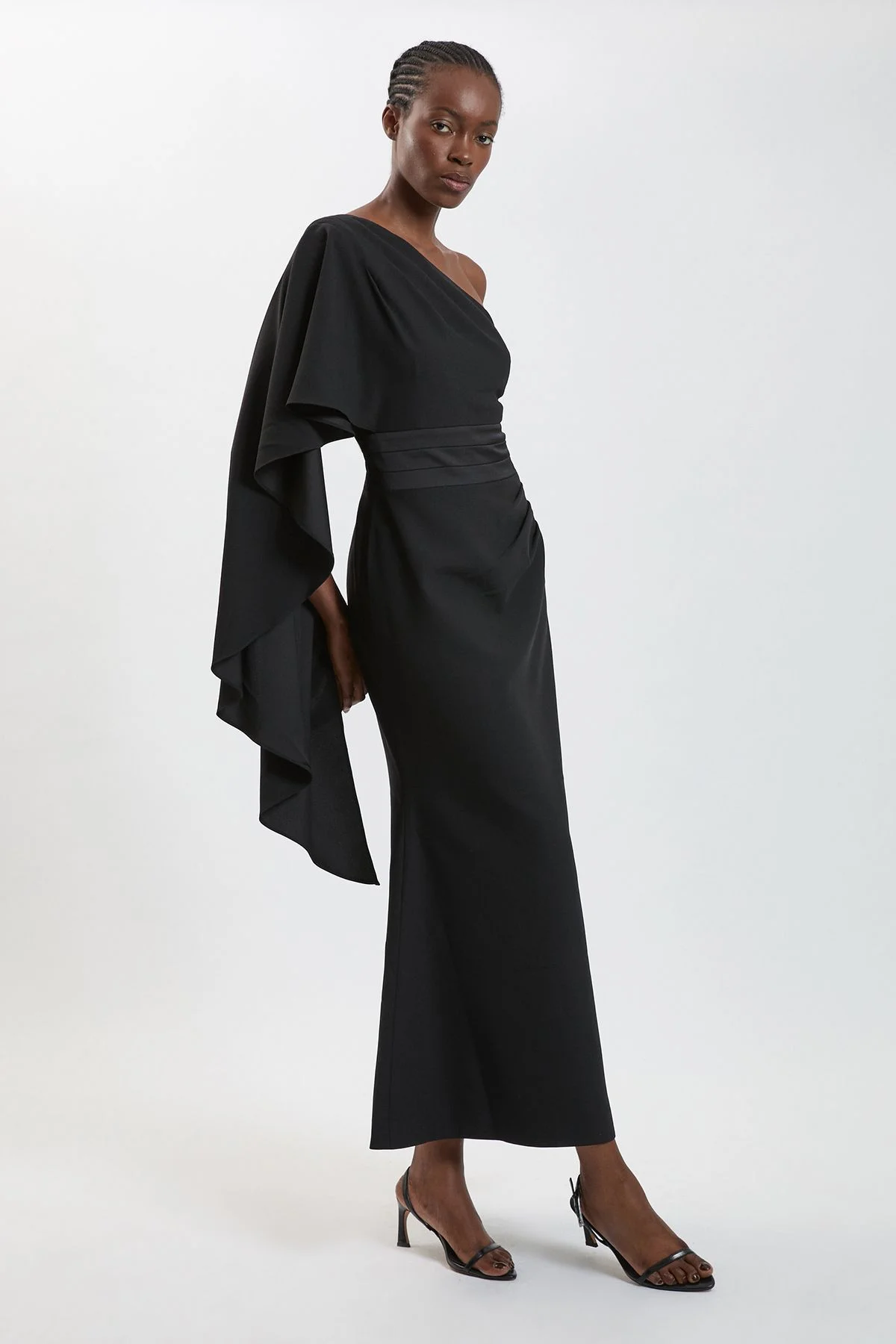 Asymmetric Drape Satin Back Crepe Tailored Maxi Dress - 1