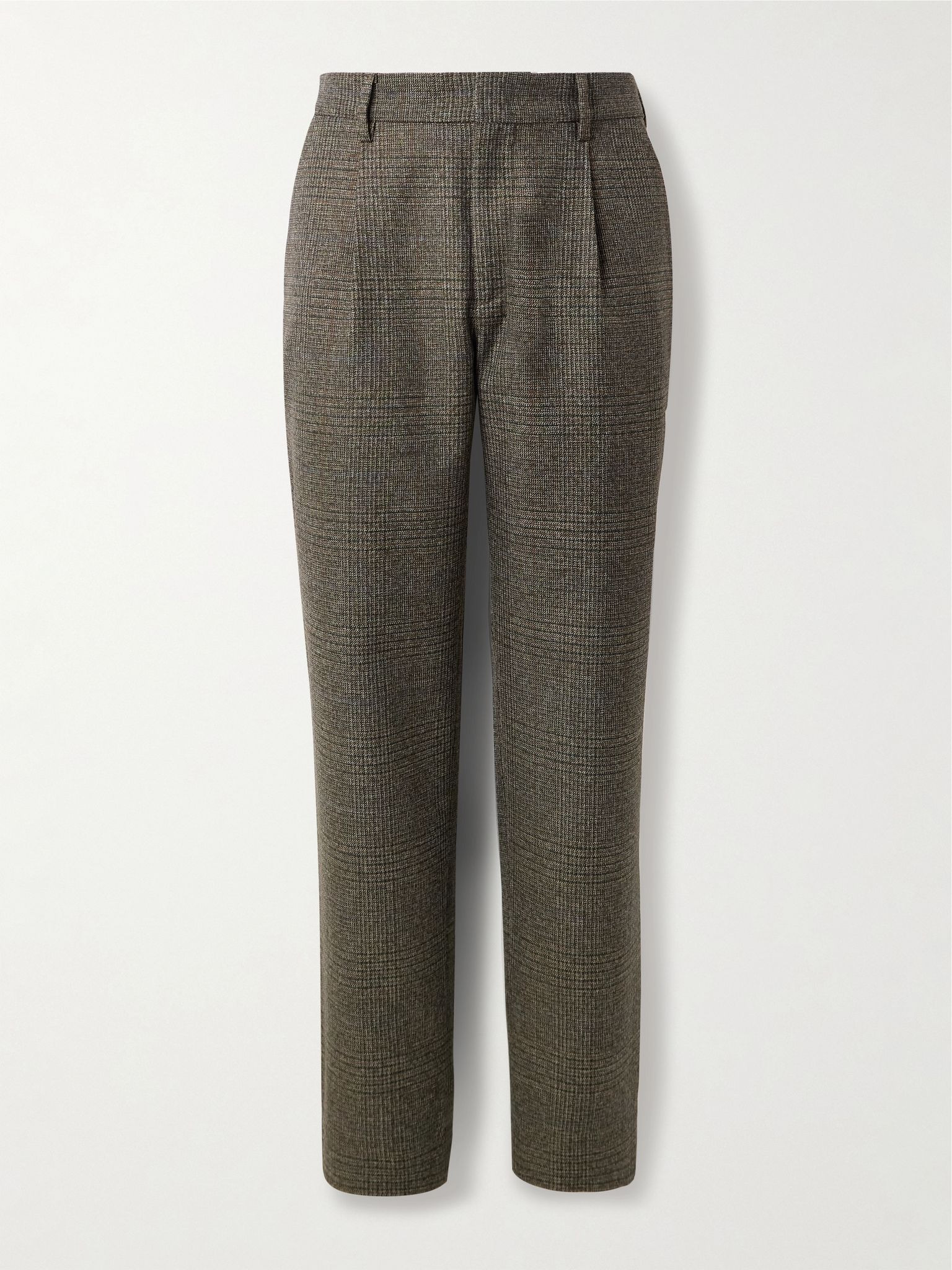 Straight-Leg Pleated Prince of Wales Checked Virgin Wool Trousers Gray - 1