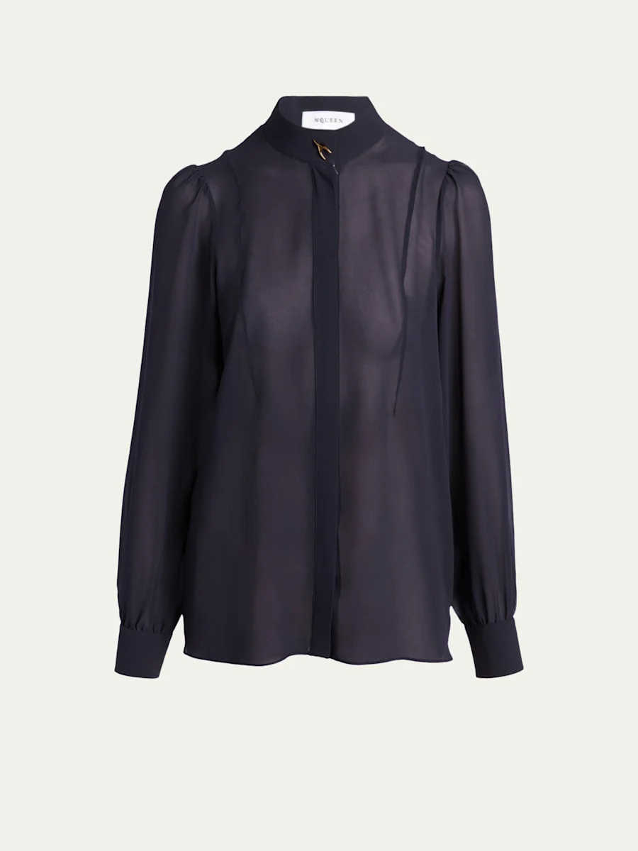 Wishbone-Button Silk Chiffon Button-Down Blouse - 1