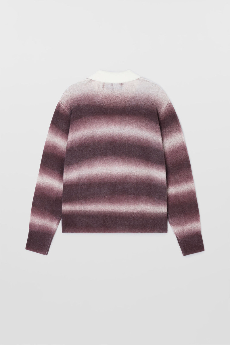 STRIPED KNIT LONGSLEEVE POLO / burnt aubergine & off white 3