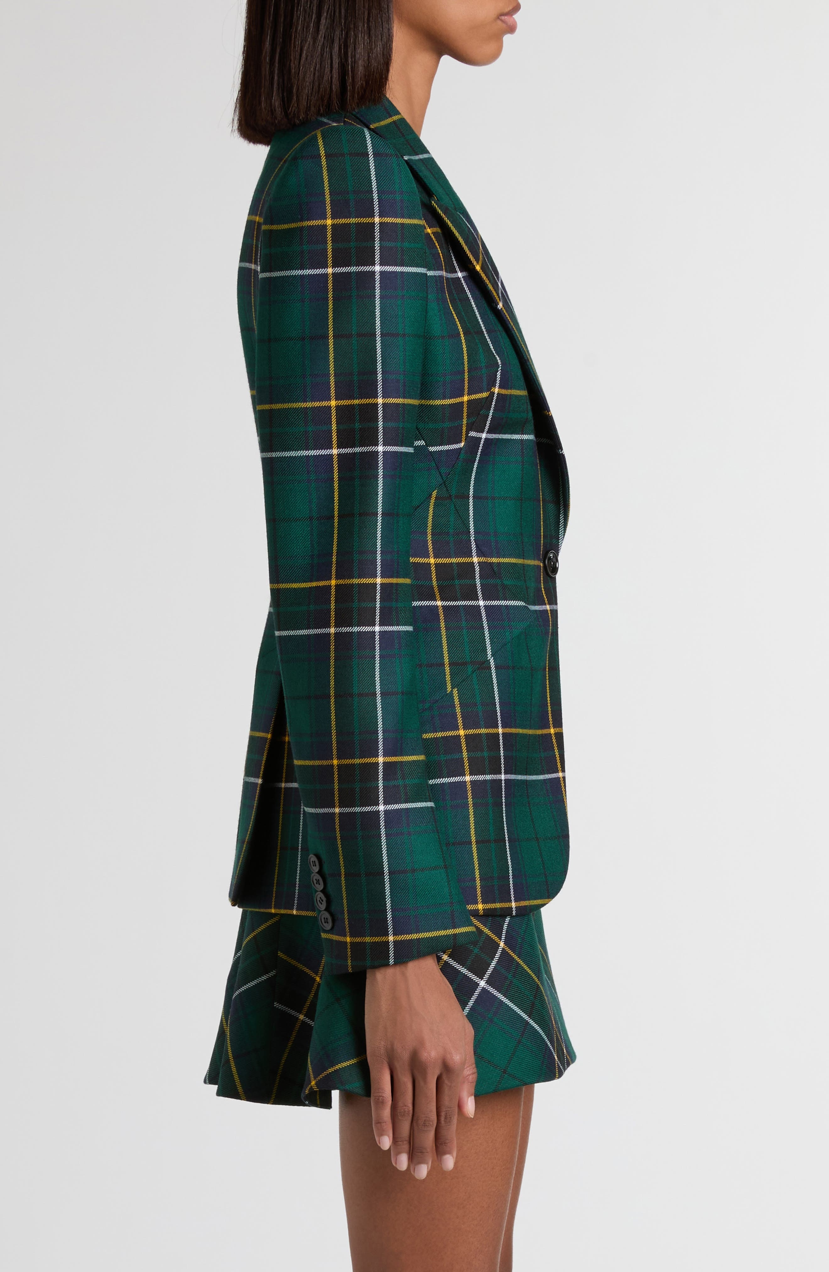 McQueen Tartan Peak Shoulder Wool Blazer in Navy-Green-Yellow at Nordstrom - 3