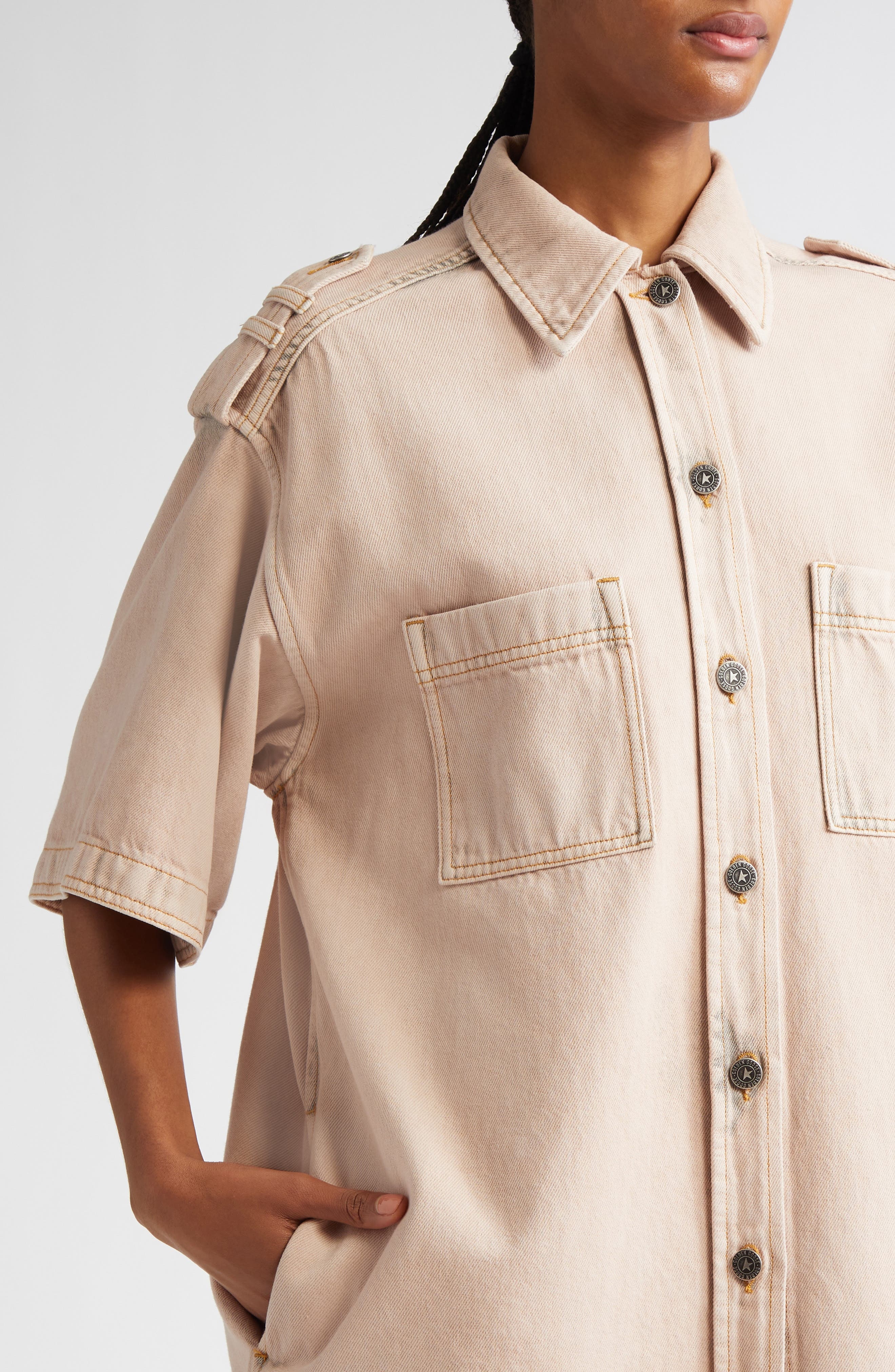 Golden Goose Nicky Oversize Denim Short Sleeve Button-Up Shirt in Shadow Gray at Nordstrom - 5