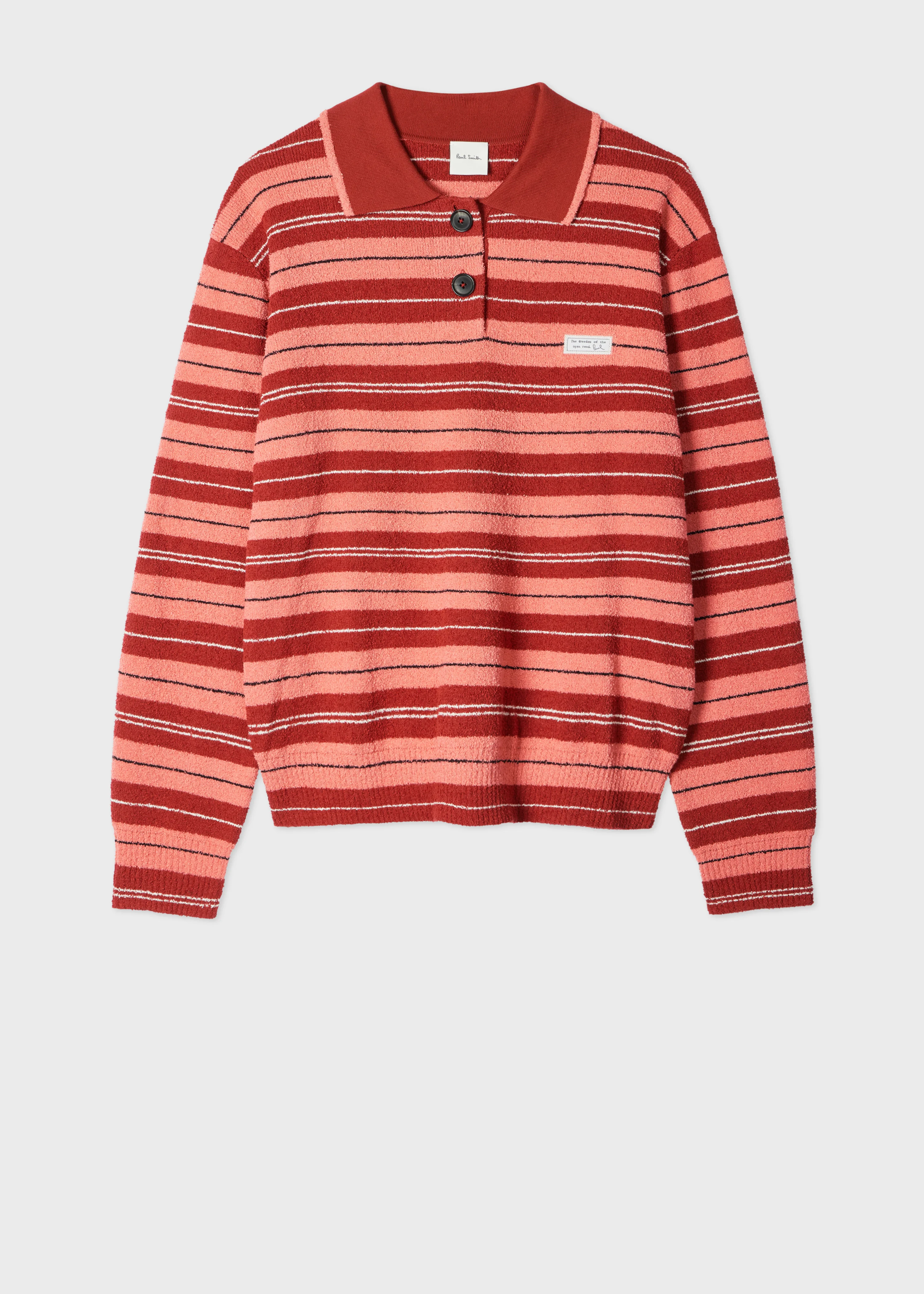 Women's Pink and Red Bouclé Stripe Rugby Jumper - 1