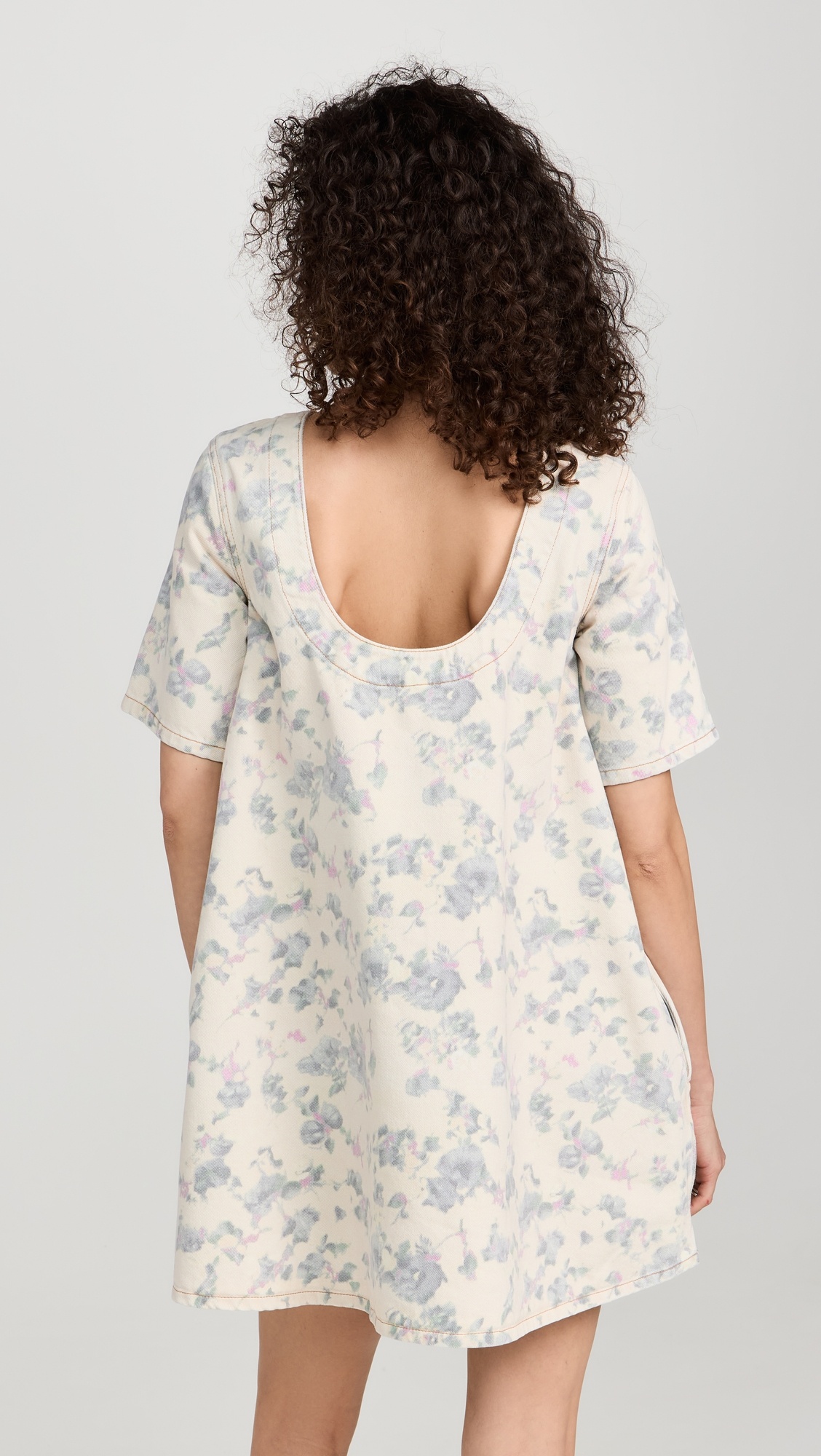 Floral Printed Denim Open Back Mini Dress - 3