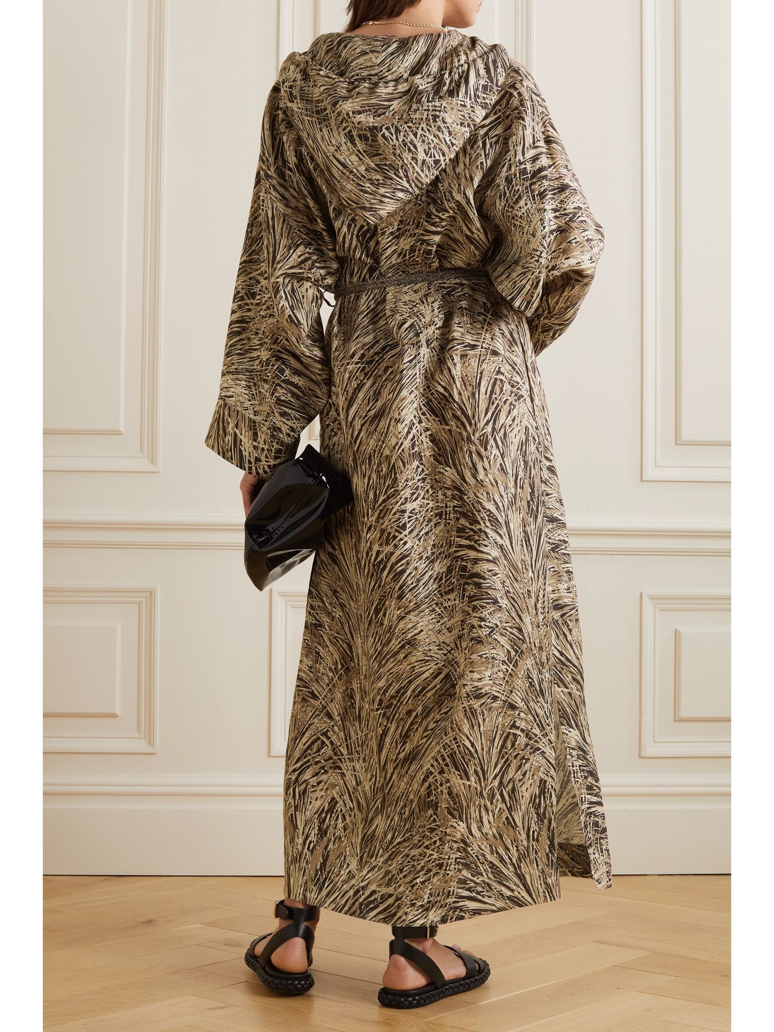 Lauraine belted printed hooded linen maxi dress Brown - 4