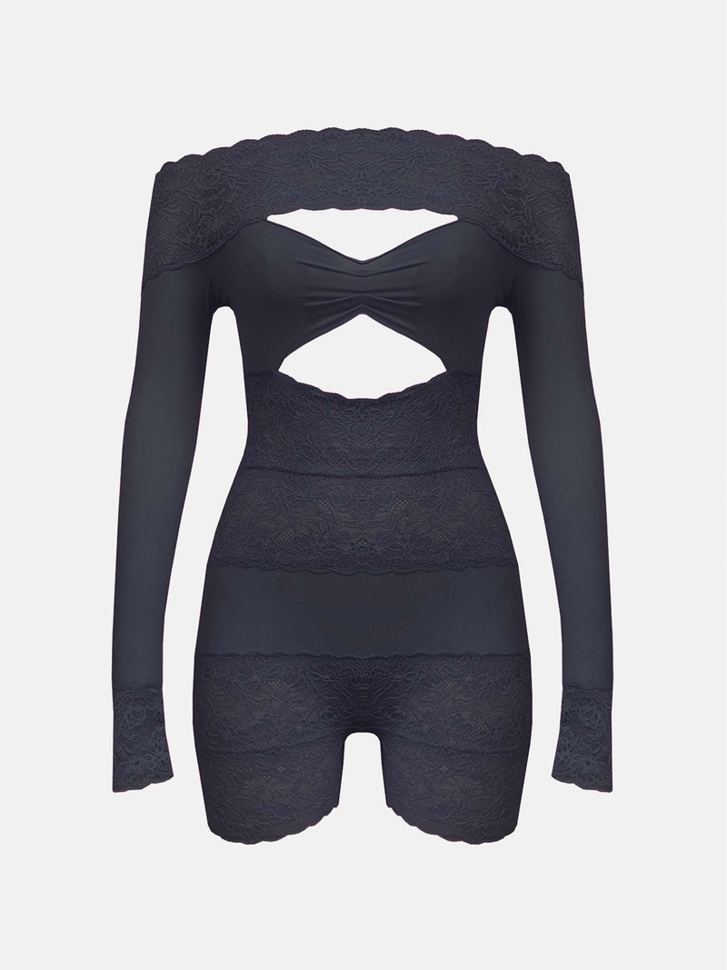 DAVINA SLEEVED ROMPER LACE RAVEN BLACK 1