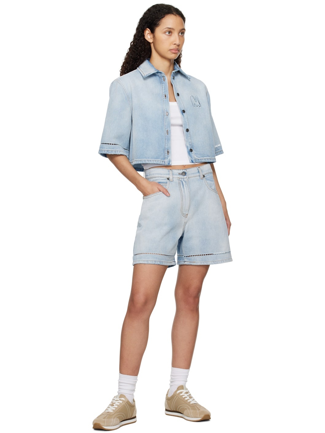 Blue Perforated Light Washed Denim Shorts - 4