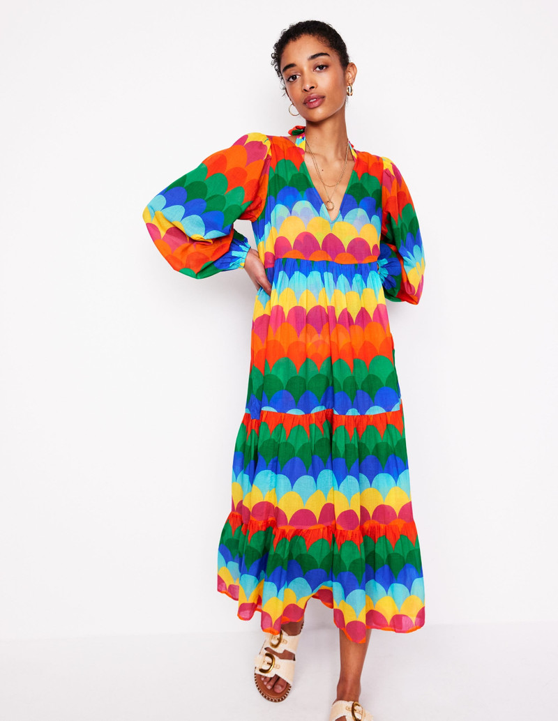 V-Neck Tiered Cotton Kaftan-Multi, Scallop Stripe 6