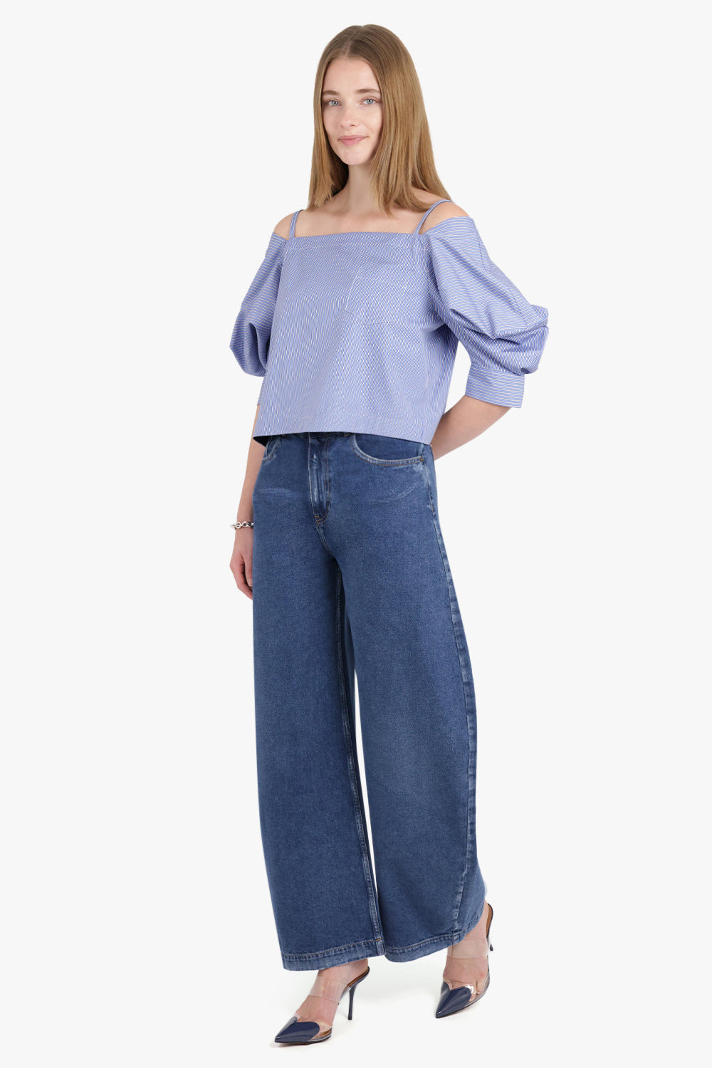 OFF SHOULDER STRIPE TOP WITH EXAGGERATED WING SLEEVE | BLUE - 4