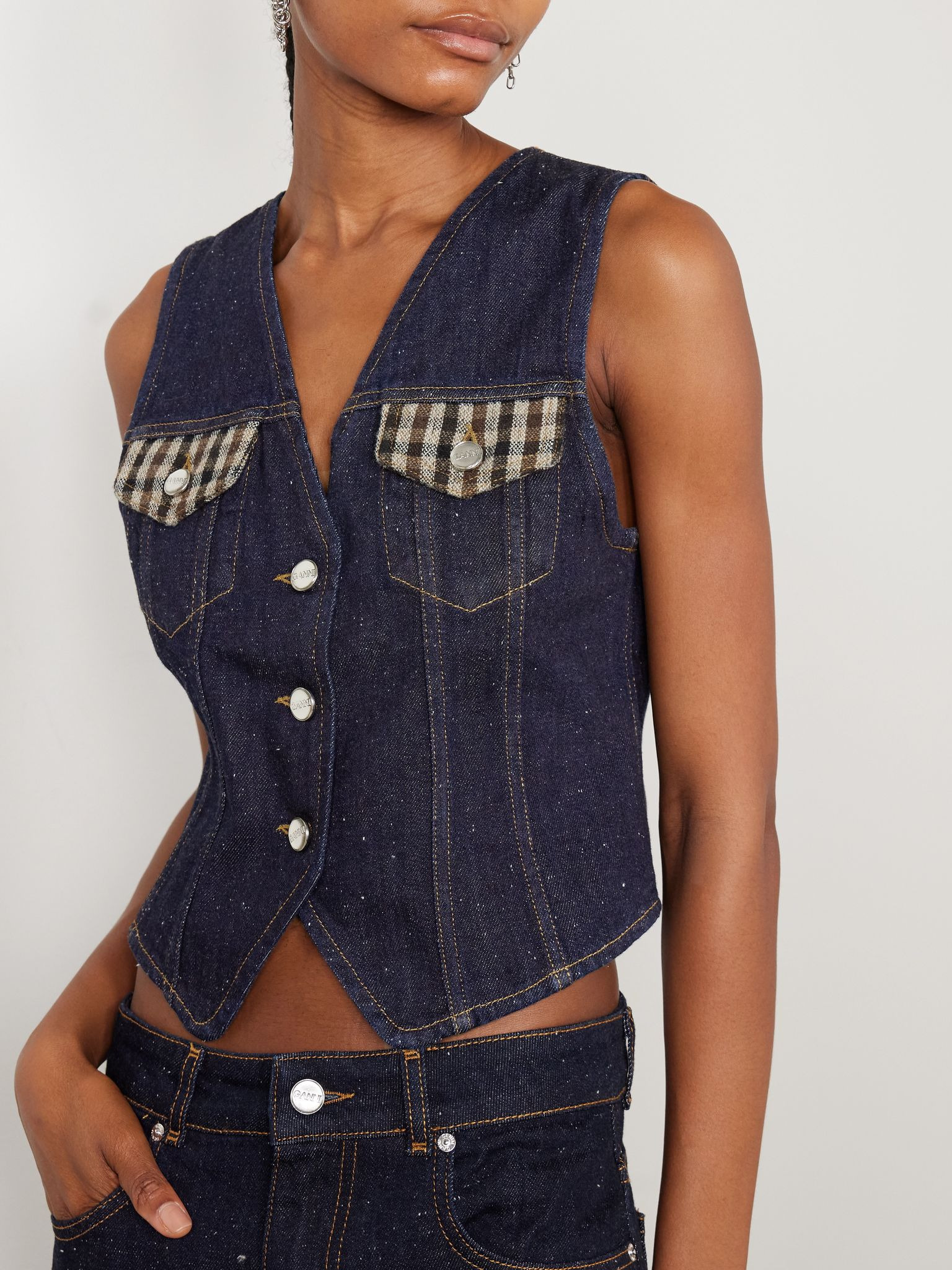 Neppy checked tweed-trimmed organic denim vest Dark denim - 3