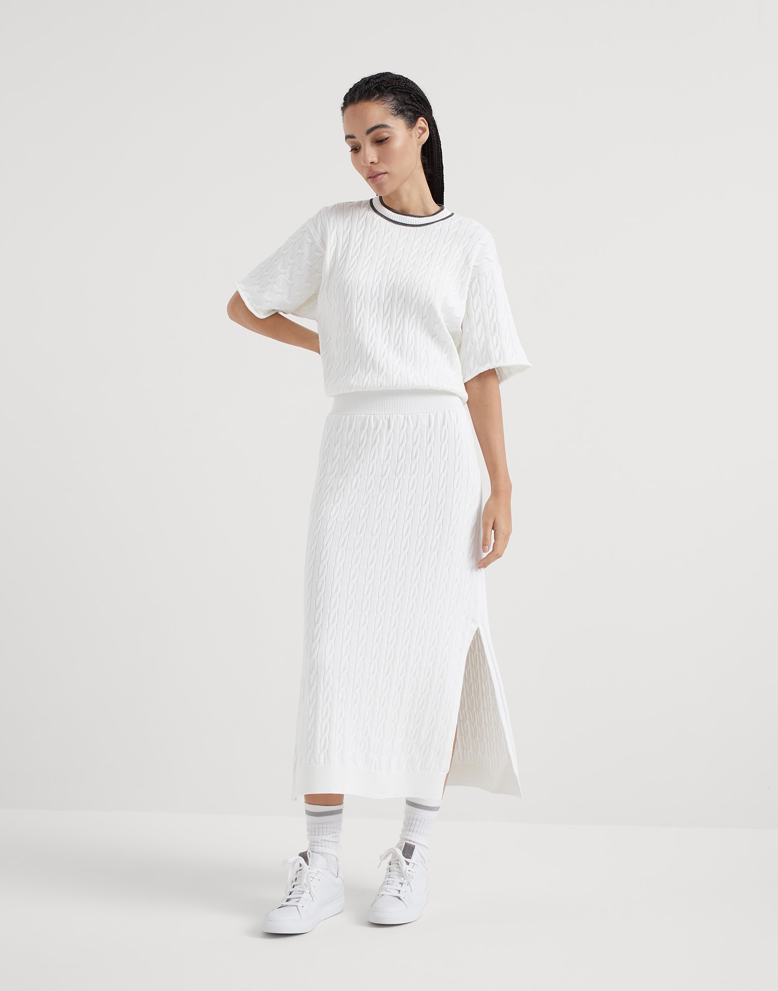 Cotton cable knit dress with shiny collar trims - 1