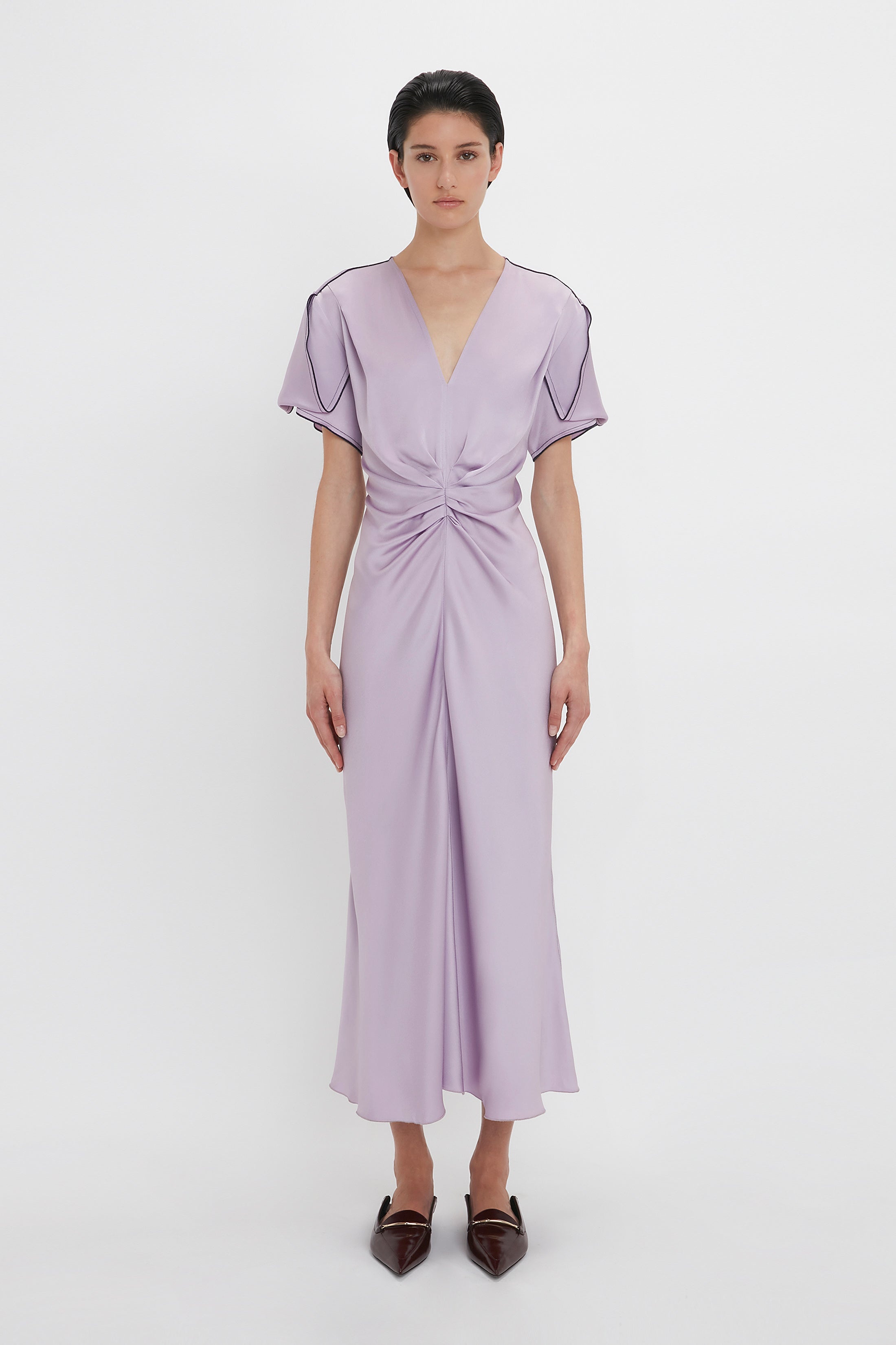 Gathered V-Neck Midi Dress In Petunia - 2