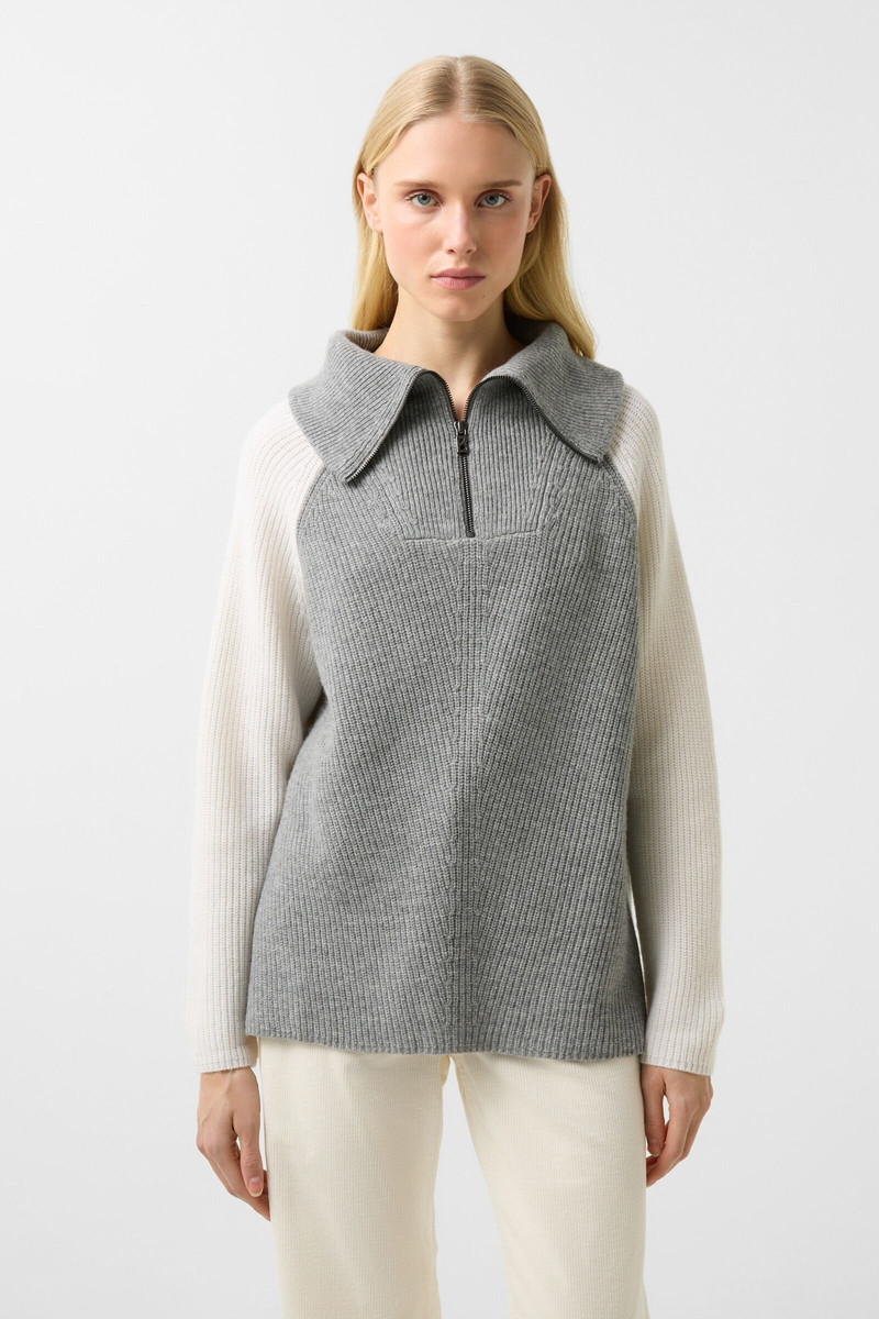 Letizia half-zippered knit sweater in Gray/Cream/Camel 1