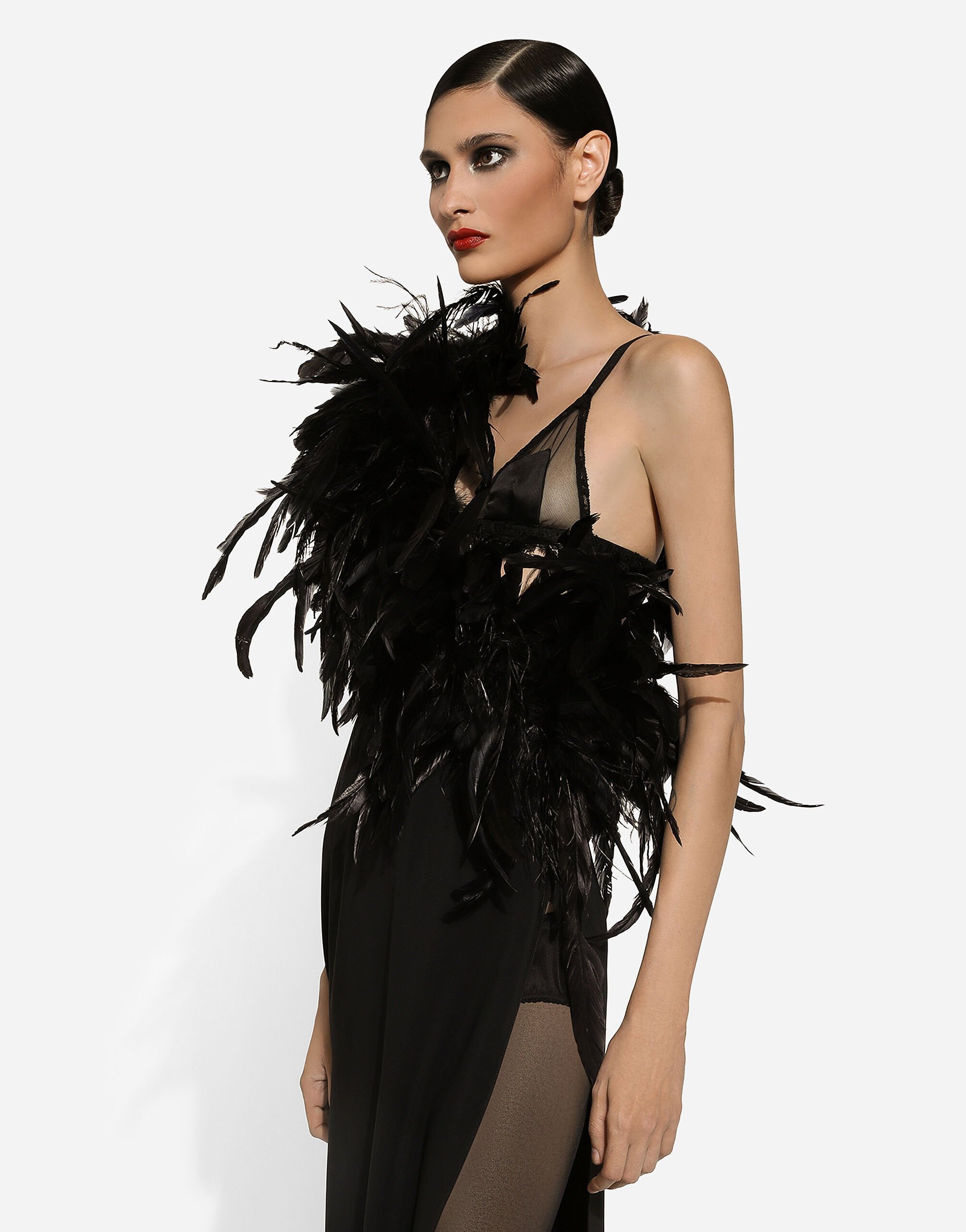 Long one-shoulder stretch cady dress with feathered neckline - 4