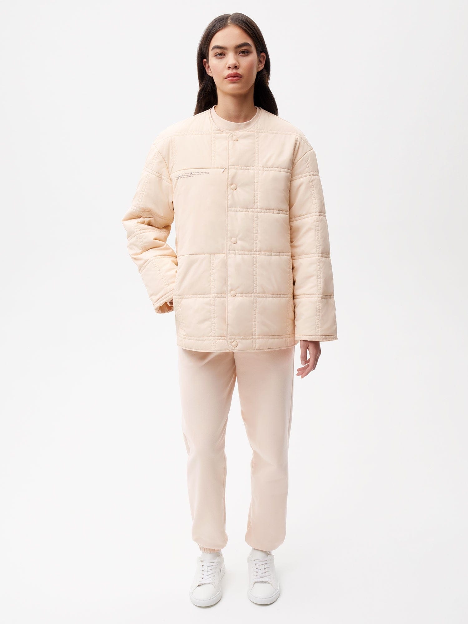 Womens Flower-Warmth Quilted Collarless Jacket - Sand - 2