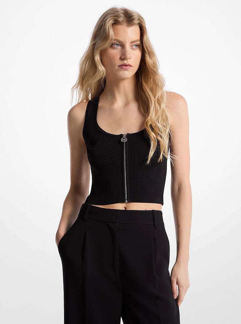 Ribbed Viscose Blend Zip-Up Tank Top 1