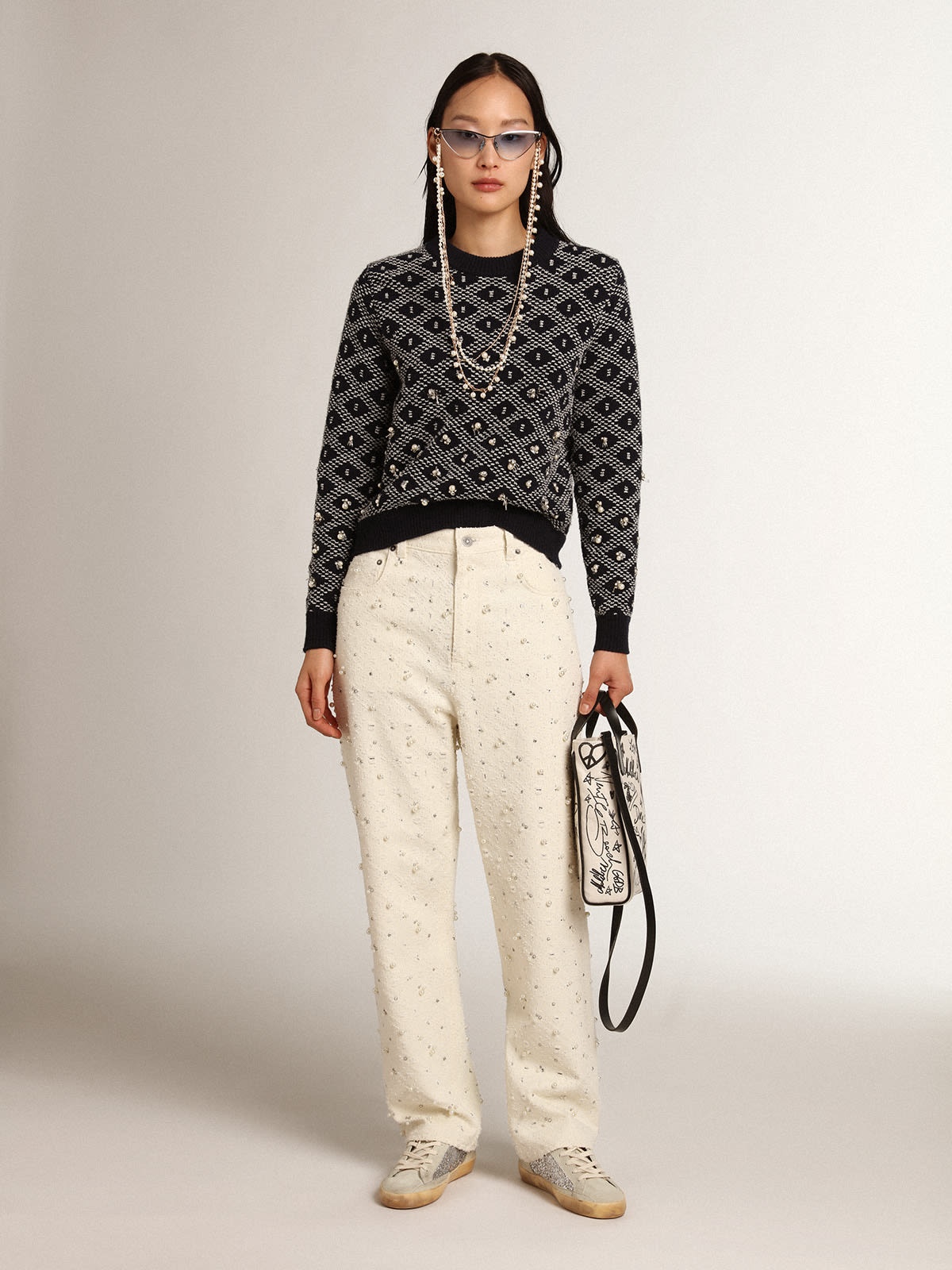 Women's round-neck sweater with white and blue geometric motifs - 3