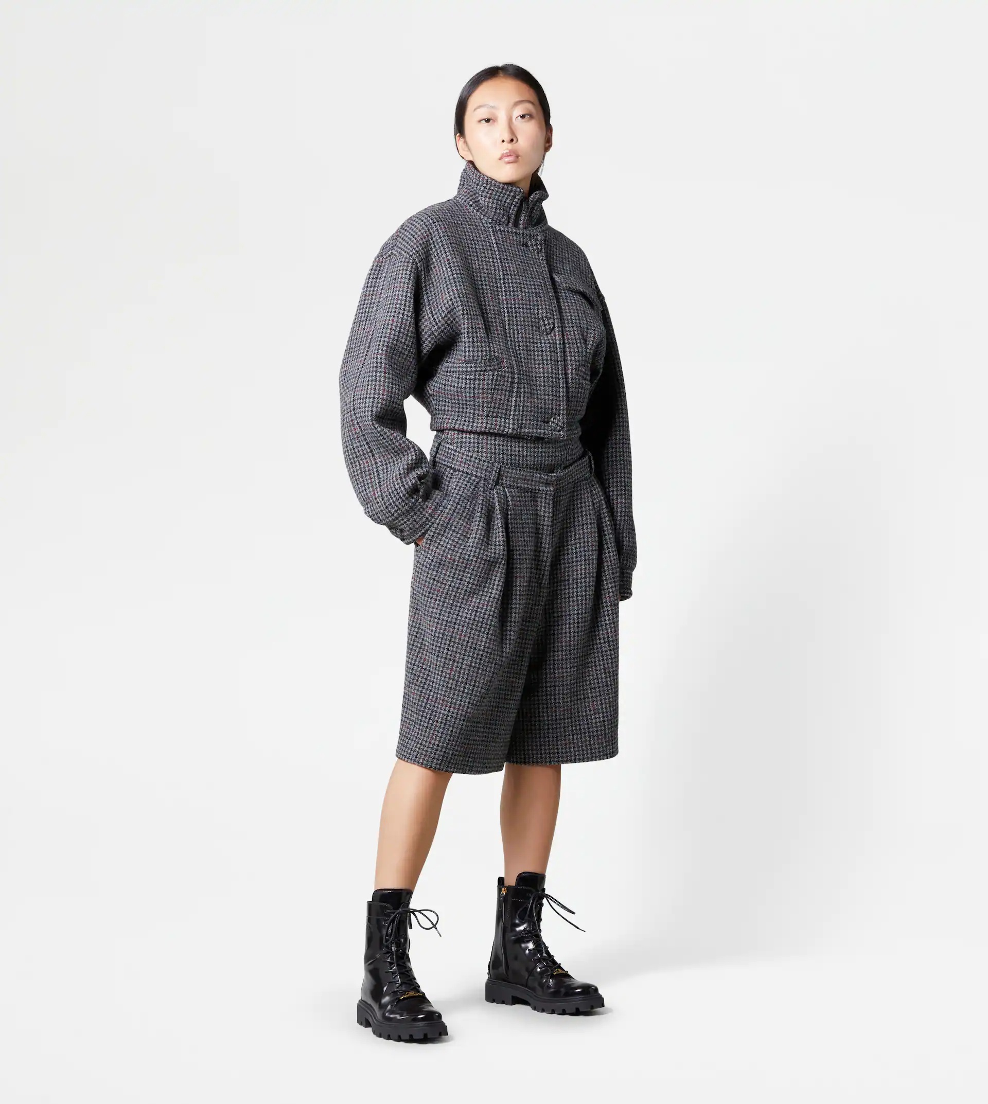 CROPPED PADDED JACKET IN WOOL - BLACK, GREY, RED - 2