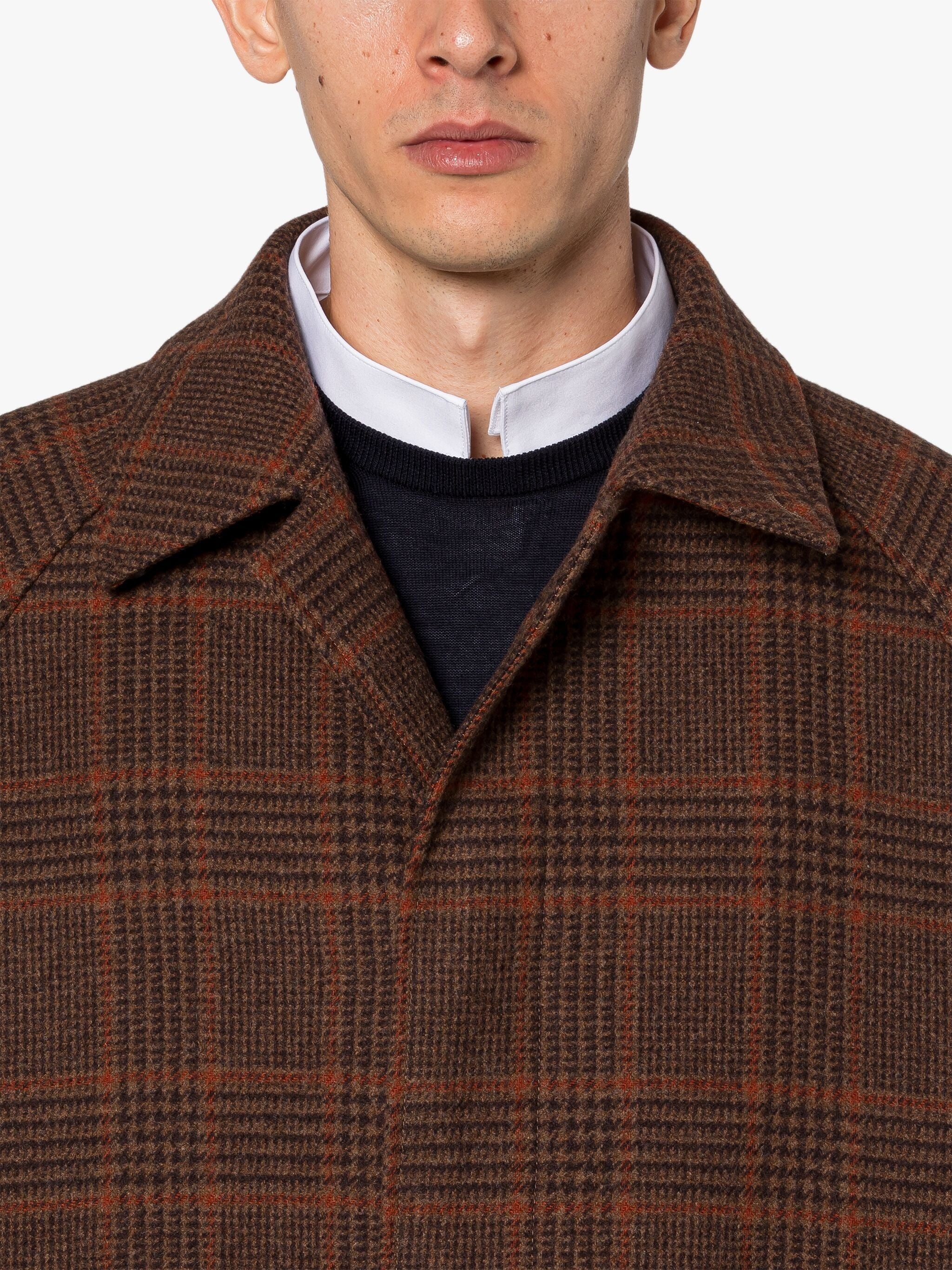 BELFORD BROWN X ORANGE CHECK WOOL BALMACAAN COAT - 3