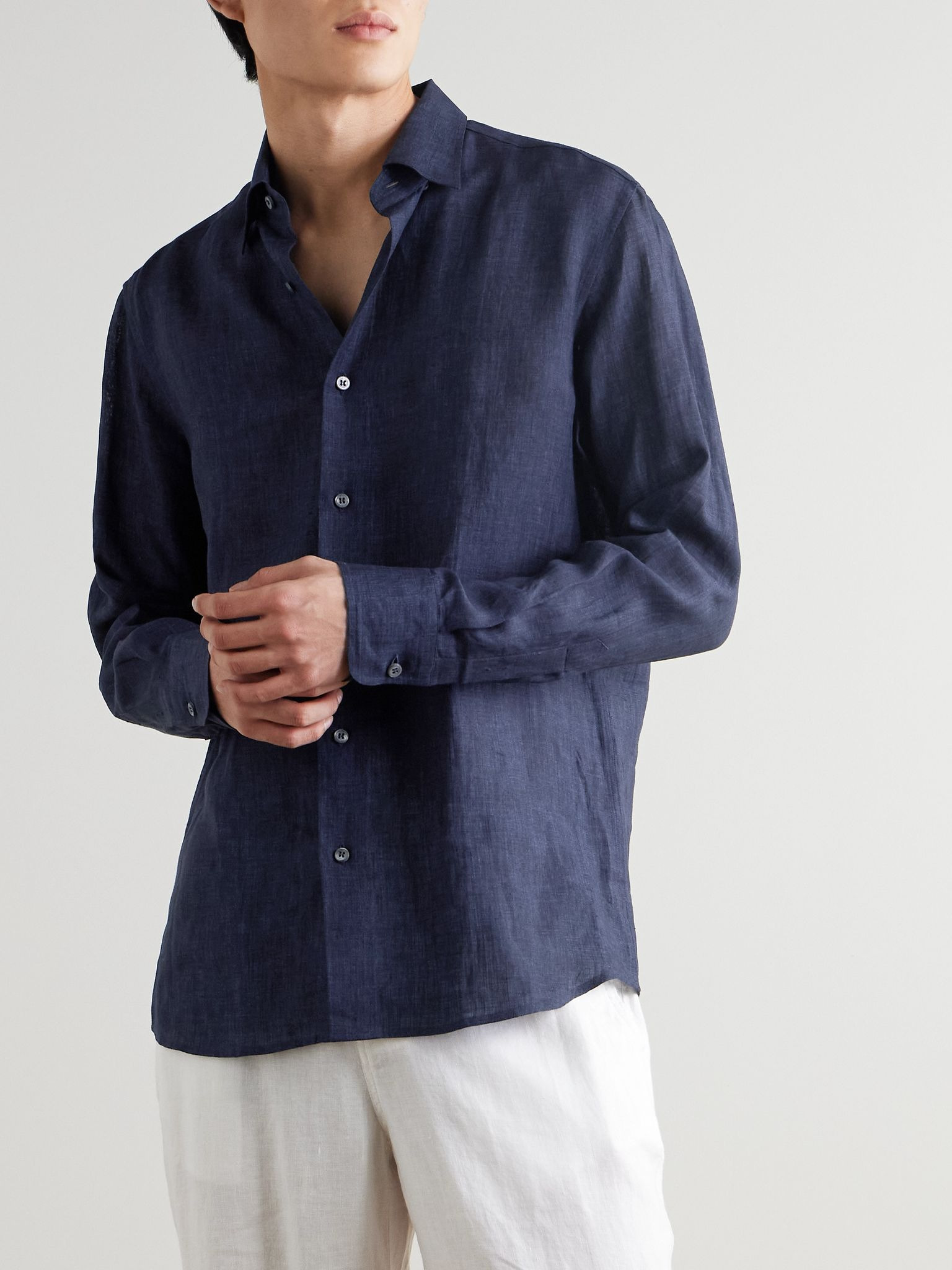 Button-Down Collar Linen Shirt Blue - 3