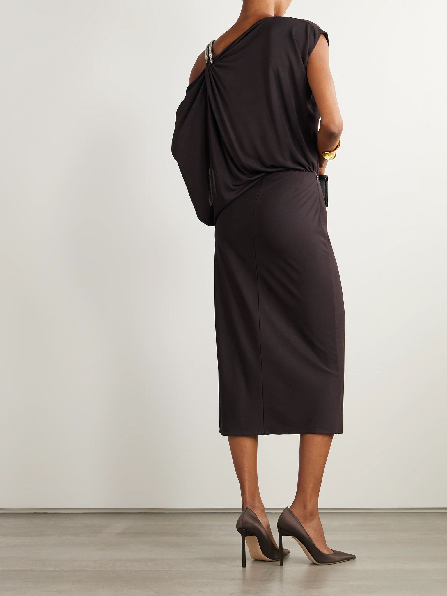Asymmetric draped embellished jersey midi dress Dark brown - 3