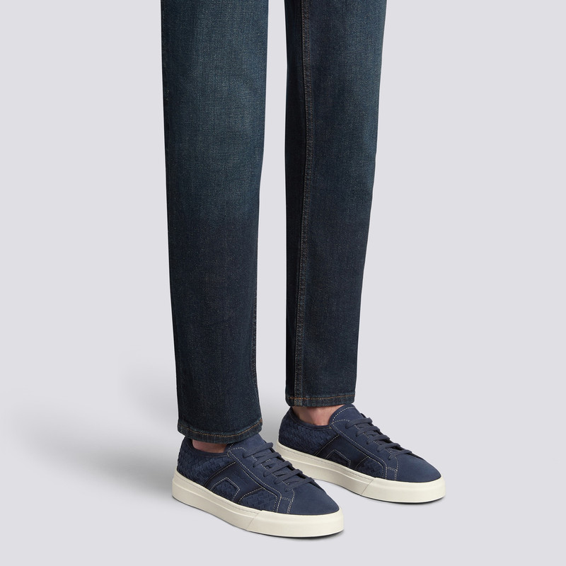 Santoni Men's blue woven suede Double Buckle Sneaker outlook