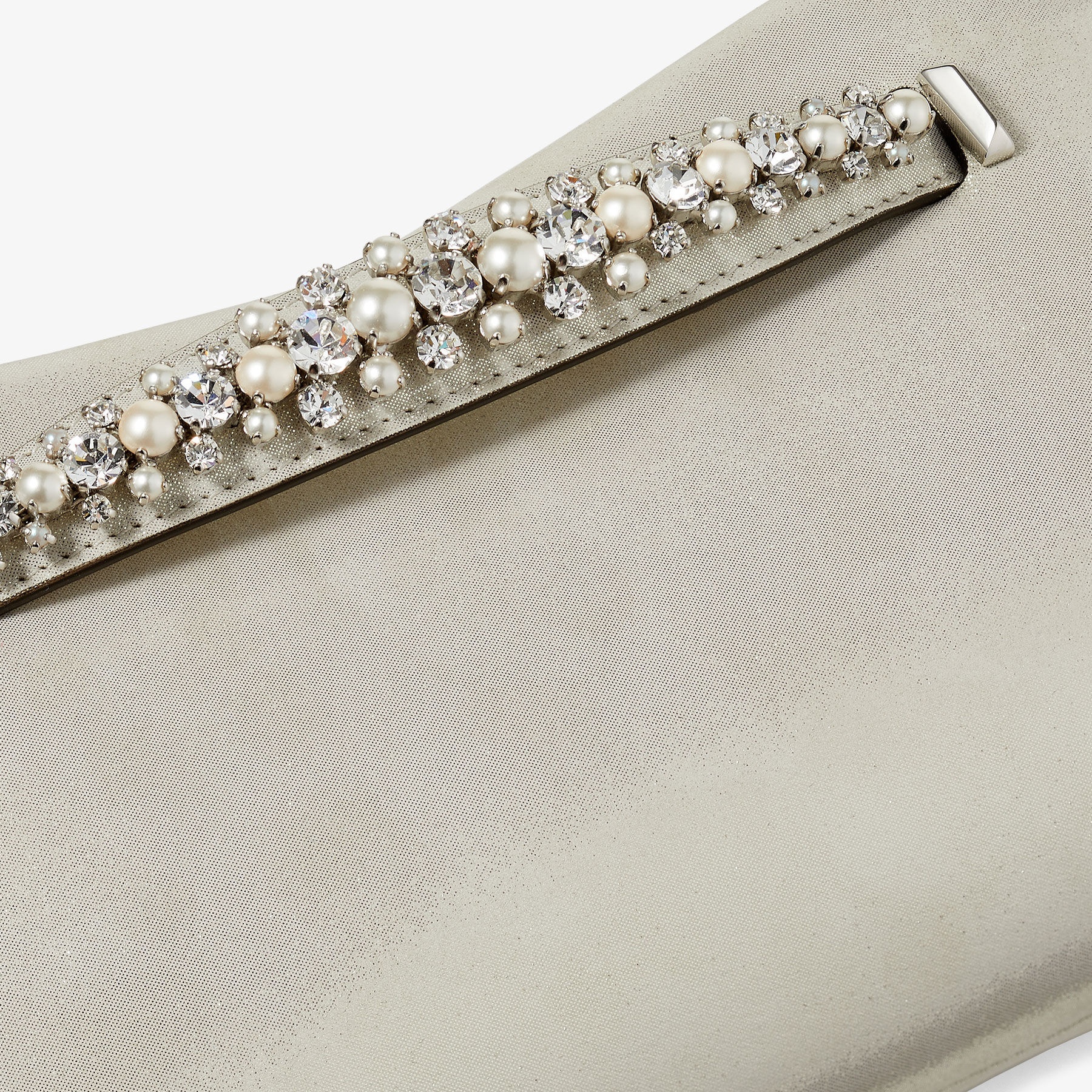 Venus
Champagne Shimmer Suede Clutch Bag with Pearl and Crystal Bracelet Handle - 6