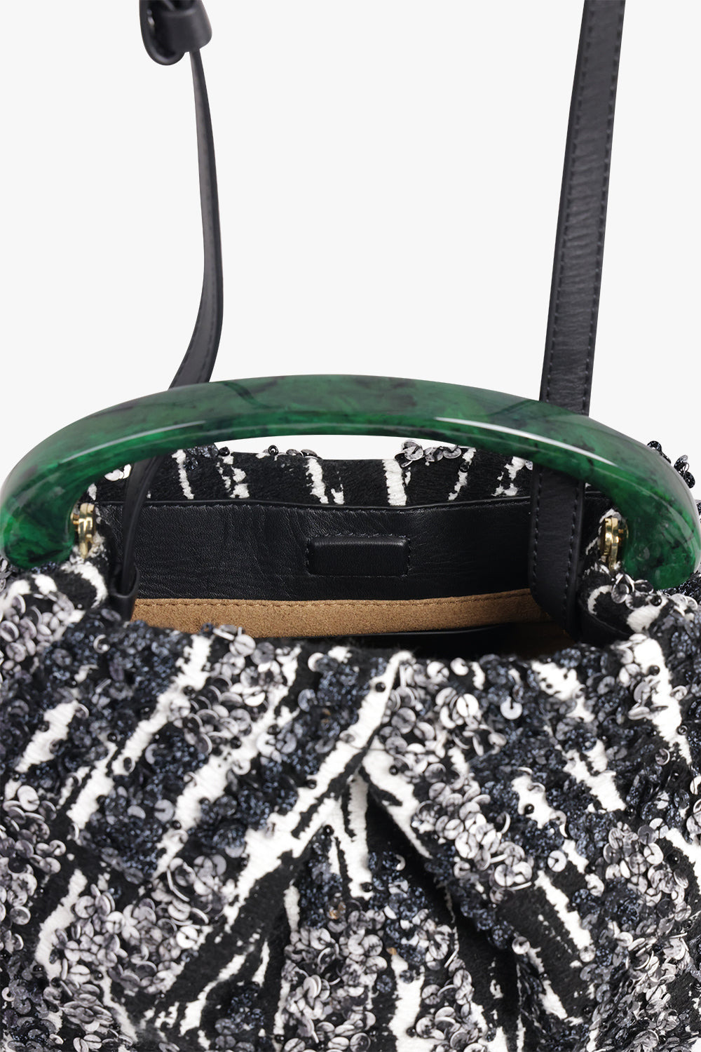 SEQUIN EMBELLISH MINI RESIN HANDLE BAG | BLACK/WHITE/GREEN - 3