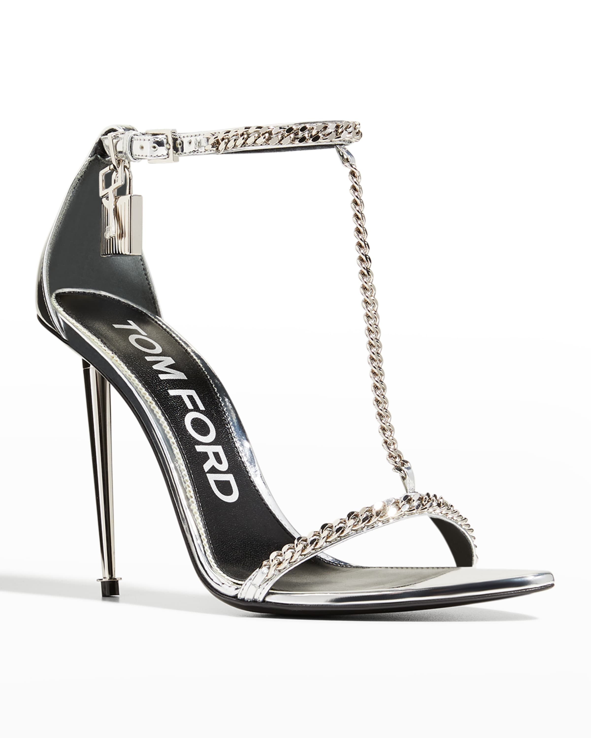 Mirror Padlock T-Strap Chain Leather Sandals - 2