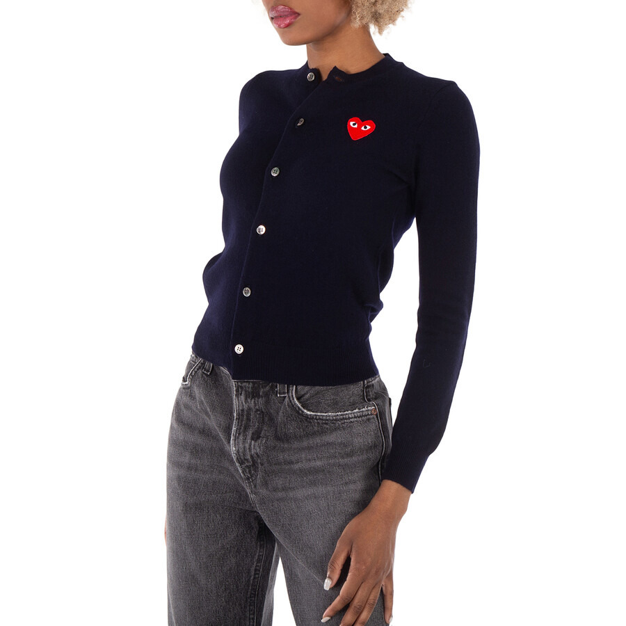 Comme Des Garcons Ladies Heart Logo Cardigan In Navy - 4